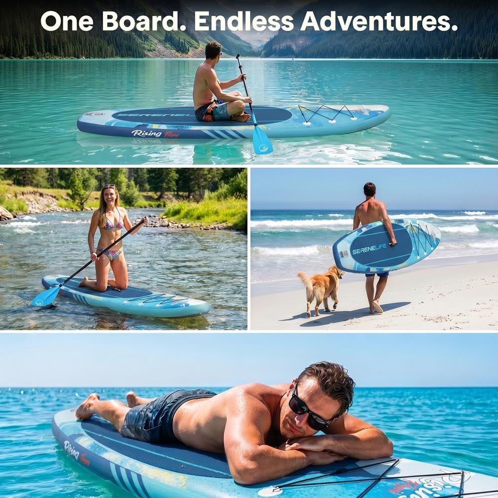 SereneLife Inflatable Stand Up Paddle Board - Wide Stable Design, Non-Slip Deck for Adults & Youth with Premium Paddle Board Accessories: Carry Bag, Dual Action Pump, Paddle, Ankle Leash - 10'6"