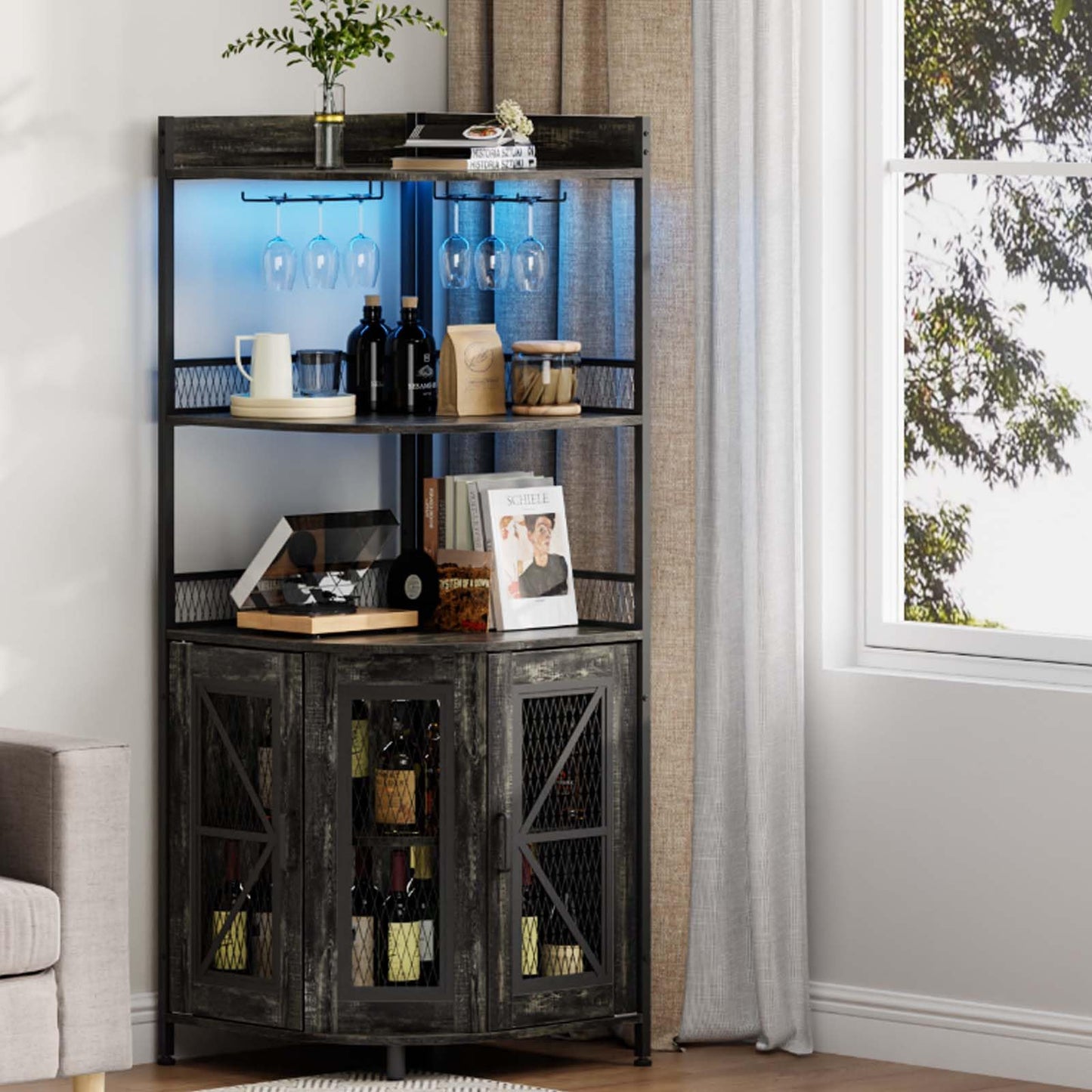 JoanKaren Corner Bar Cabinet with Power Outlet and LED Light, Coffee Bar Cabinet for Home Bar, Industrial Corner Shelf with Wine Storage, 5-Tiers Liquor Cabinet for Home, Living Room, Kitchen (Black)