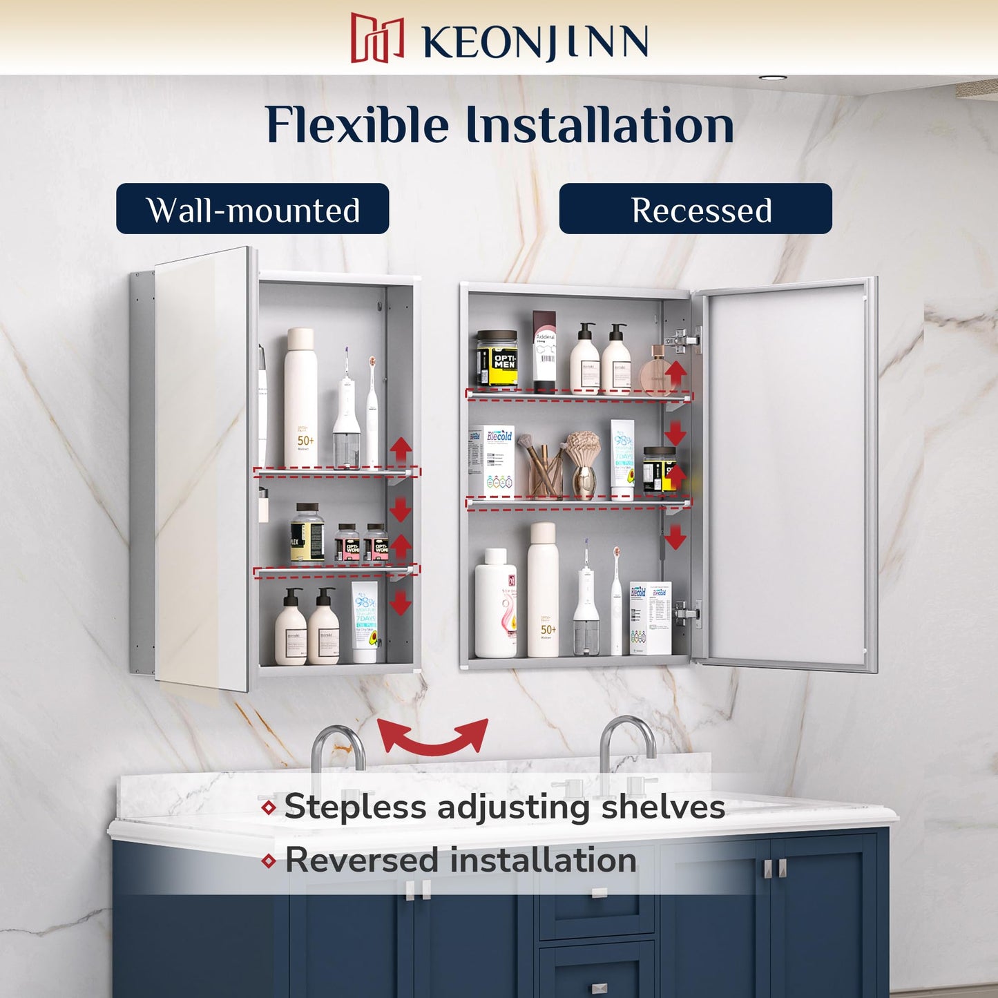 Keonjinn 30 x 26 Inch Bathroom Medicine Cabinet with Mirror, Assembly Required, Combined Double Doors Wall Cabinets, Flexiable Ample Storage, Recessed or Surface Mount, Soft Closing