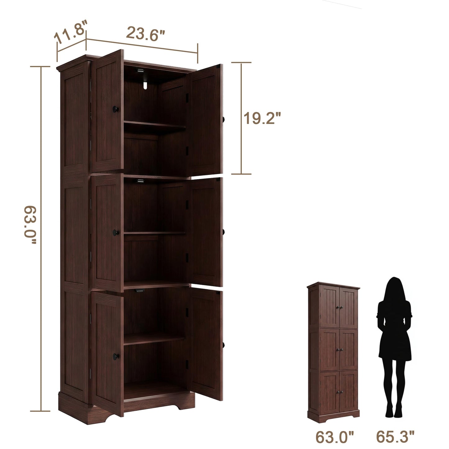 ChooChoo Tall Bathroom Storage Cabinet with 6 Doors, Freestanding Floor Cabinet with Adjustable Shelves, Rustic Walnut Pantry Cabinet for Bathroom, Kitchen, Laundry Room