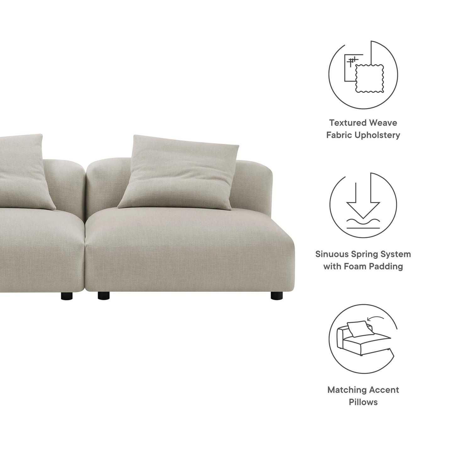 Modway Solace Fabric Upholstered 2-Piece Modular Sofa in Linen - Comfy Upholstered Deep Seat Loveseat - Modern 2-Seat Armless Sectional Chairs - Oversized Loveseat Set for Living Room