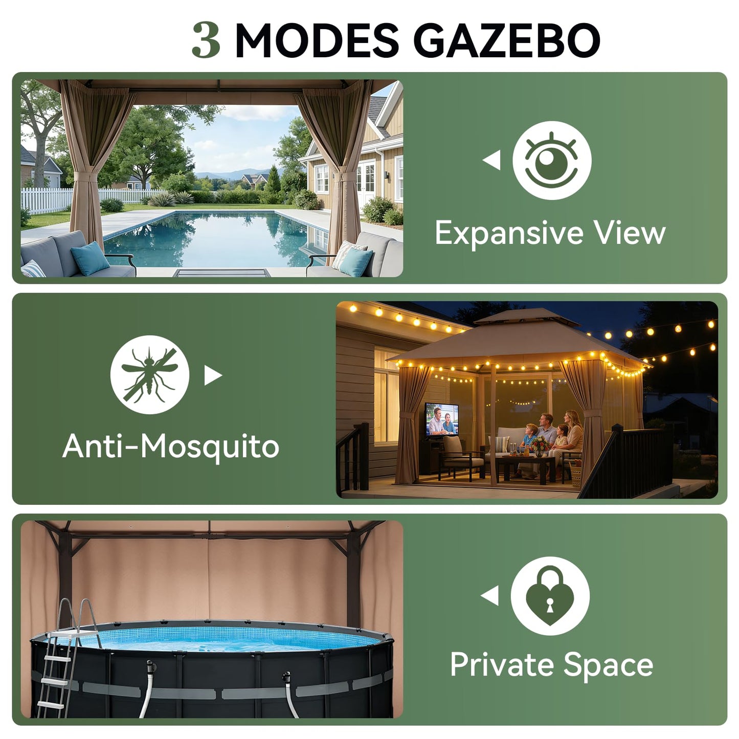 Aoxun 10x12 Outdoor Gazebo with 50FT LED Hanging Lights Metal Frame Canopy with Double Roofs Heavy Duty Party Tent Shelter with Mosquito Netting and Privacy Screen for Backyard, Lawn, Garden(Khaki)