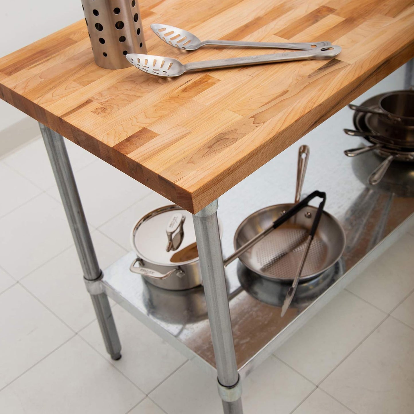 John Boos Maple Wood Top Work Table, 36”x24”x36” – 1.5” Thick Tabletop, 68-lb Kitchen Station with Wooden Edge-Grain Table & Steel Base, & Adjustable Shelf