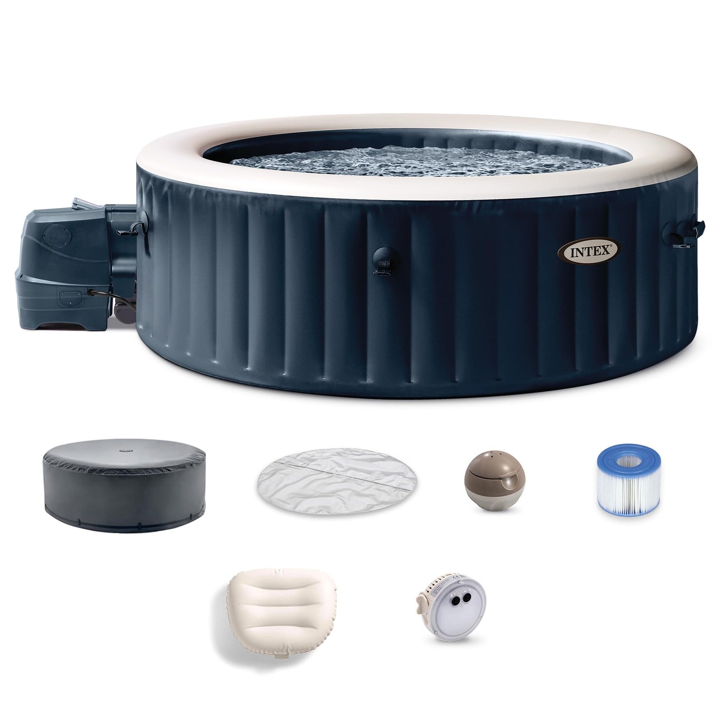 INTEX PureSpa Plus 6 Person Round Inflatable Hot Tub, Bubble Massage Spa Set with Energy Efficient Cover, 2 Headrests, & LED Light, 85 in x 28 in