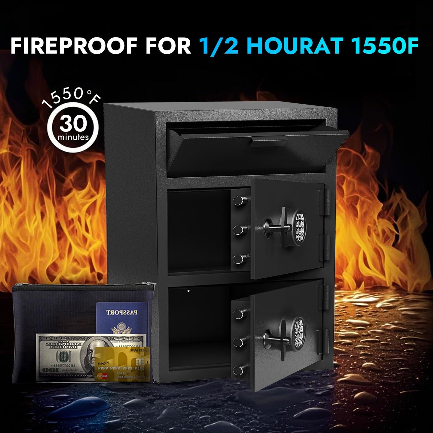 Drop Safe for Business, 9.5 Cuft Double Door Depository Safe with Drop Slot, Heavy Duty 14-Gauge Steel Money Safe with Digital Keypad, Anti-Fishing & Alarm & Fireproof Bag for Home Office Restaurant
