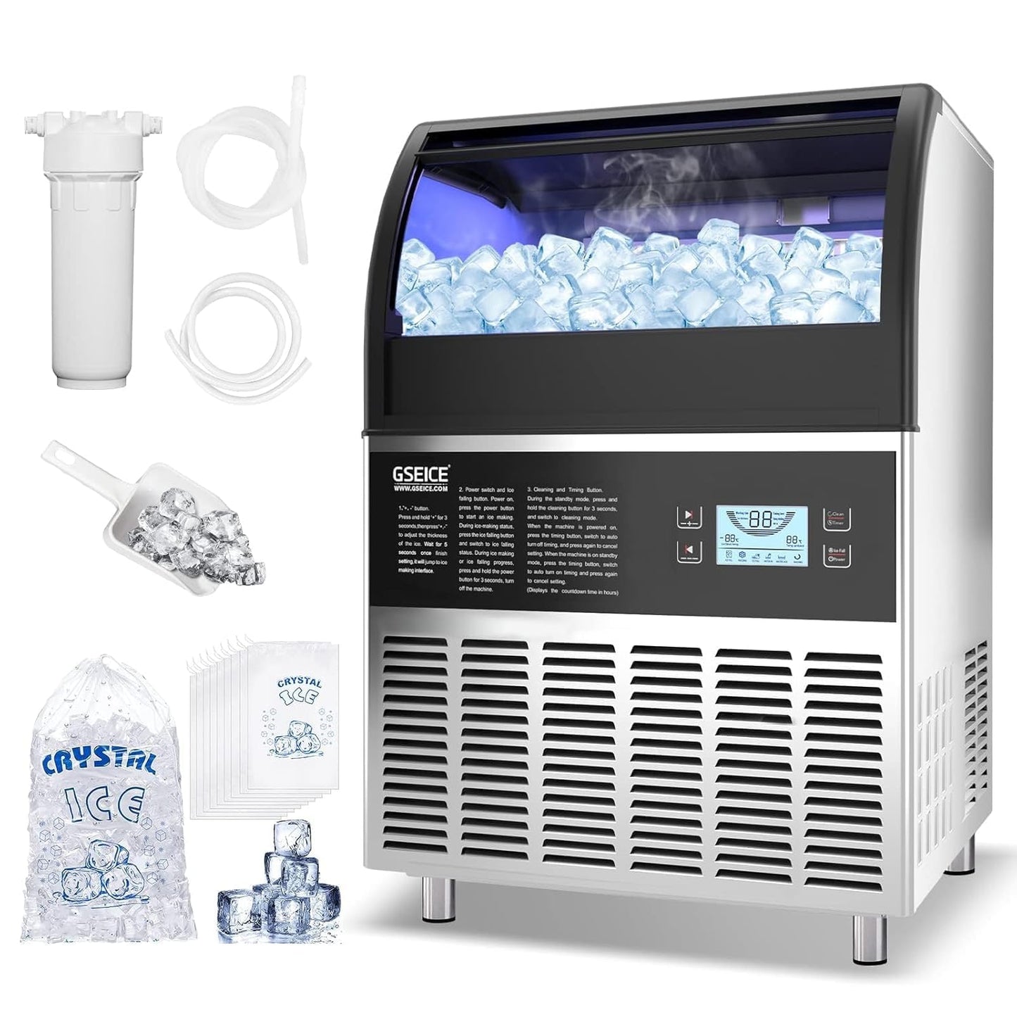 Commercial Ice Maker Machine - 200LBS/24H Under Counter Ice Machine with 70LBS Storage Bin, 90 Ice Cubes in 11Min, Stainless Steel Freestanding Ice Making Machine for Home Bar Outdoor