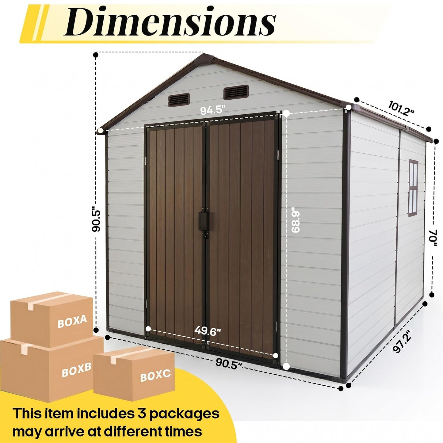FammyLoft 8x8 FT Heavy Duty Resin Shed with Floor, Waterproof Outdoor Storage Shed with 2 Windows & 4 Vents, Lockable Door for Backyard, Garden, Patio, Bikes Brown White