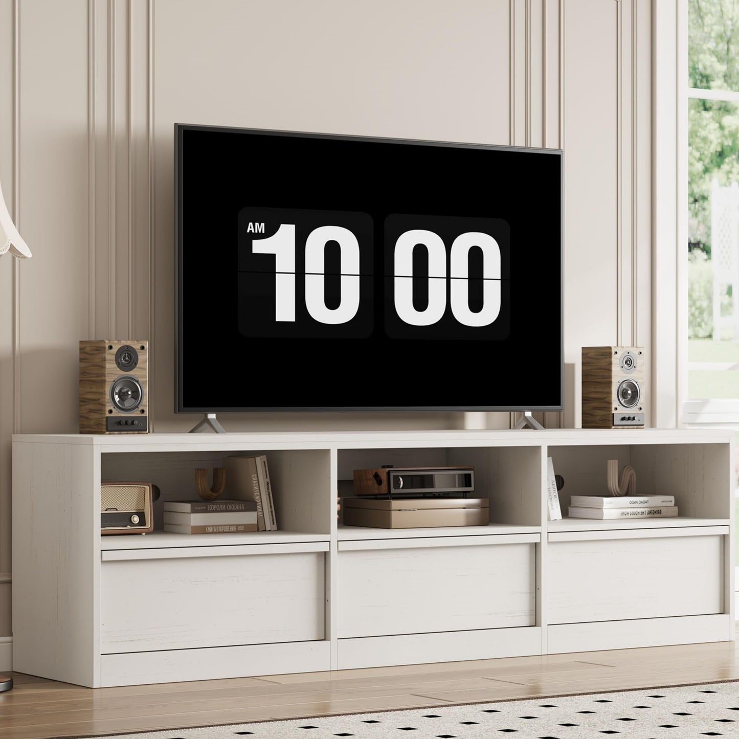 Modern TV Stand with Storage for TVs Up to 85", 70 inch Media Console with Drawer & Open Shelves, Mid Century Entertainment Center for Living Room, White