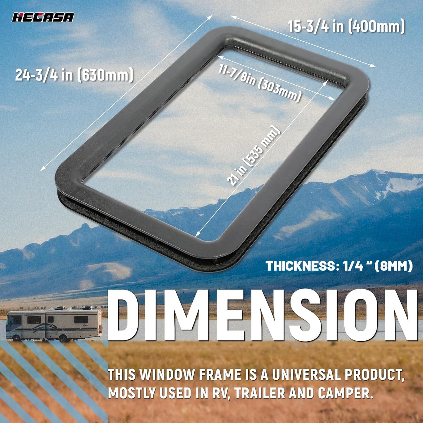 HECASA Entrance Door Window Frame for RV Trailer - 12in x 21in, Black, Model MO-1163
