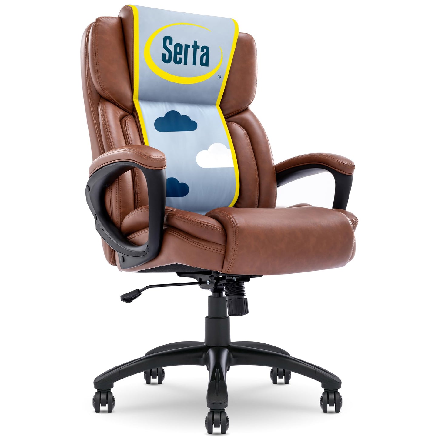 Serta Garret Executive Office Chair, Ergonomic Mid-Back with Lumbar Support, Semi-Plush Cushion and Body Pillows, Padded Armrests, Swivel Base, Bonded Leather, Cognac