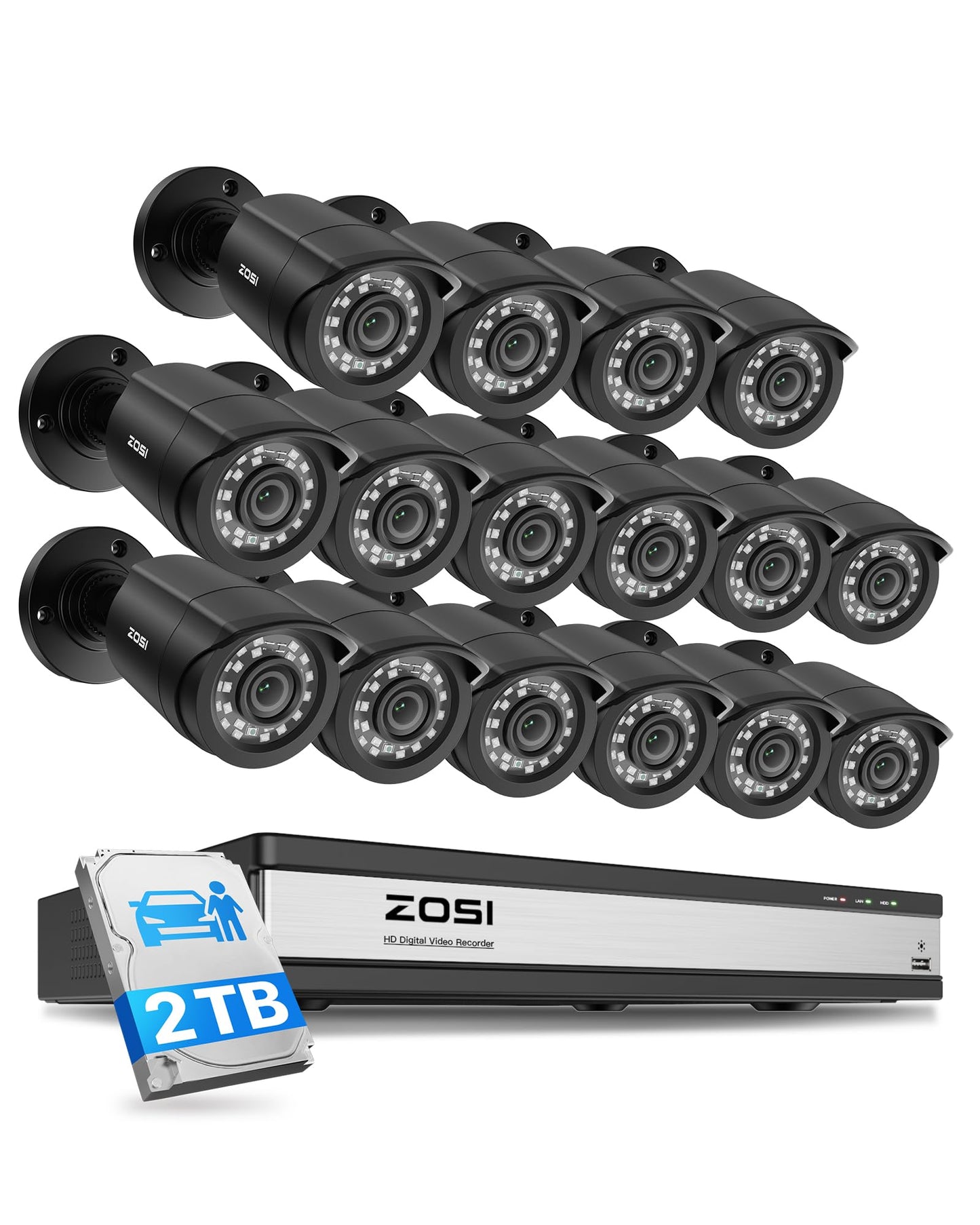 ZOSI 3K Lite 16 Channel Security Camera System with AI Human/Vehicle Detection, 16pcs 2MP Wired Indoor Outdoor CCTV Cameras, Night Vision, 16CH DVR with 2TB HDD for 24/7 Recording, No Monthly Fees
