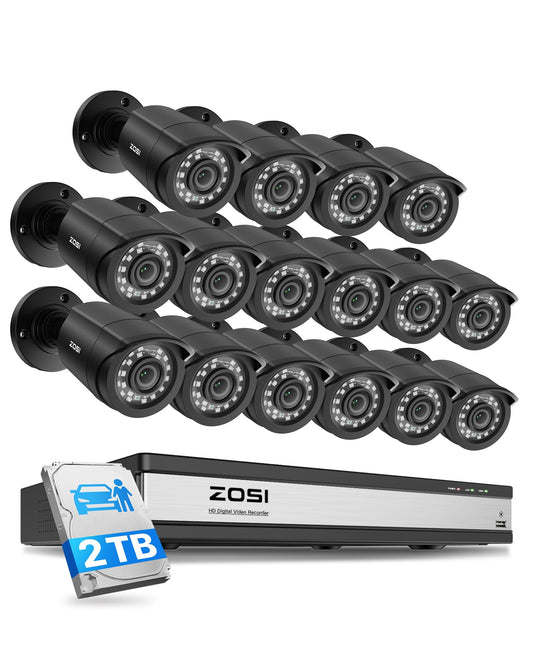 ZOSI 3K Lite 16 Channel Security Camera System with AI Human/Vehicle Detection, 16pcs 2MP Wired Indoor Outdoor CCTV Cameras, Night Vision, 16CH DVR with 2TB HDD for 24/7 Recording, No Monthly Fees