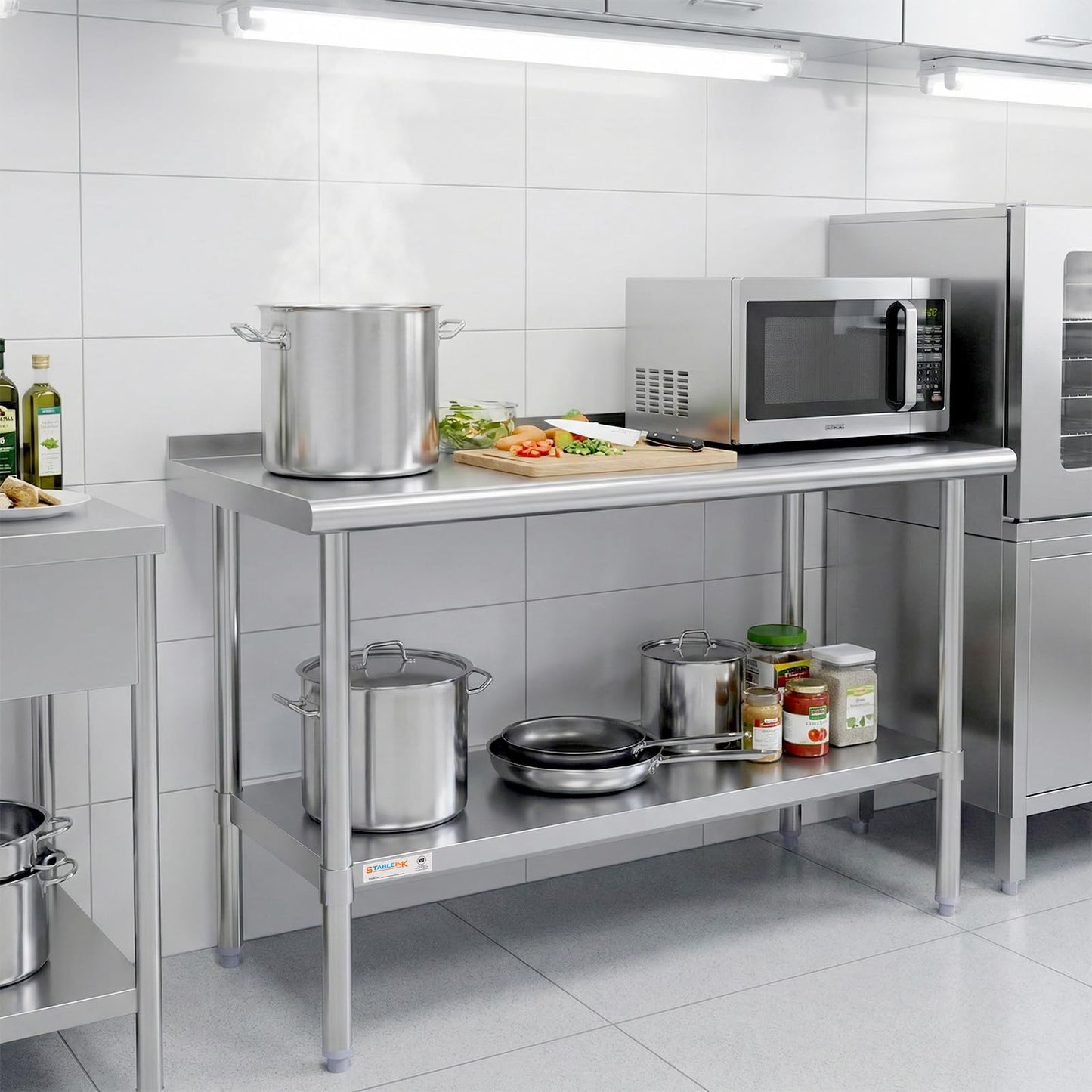 STABLEINK NSF Stainless Steel Table 48x24 Inches 4ft, Metal Prep & Work Table with Backsplash and Adjustable Undershelf, for Commercial Kitchen, Restaurant, Hotel, Laundry and Garage