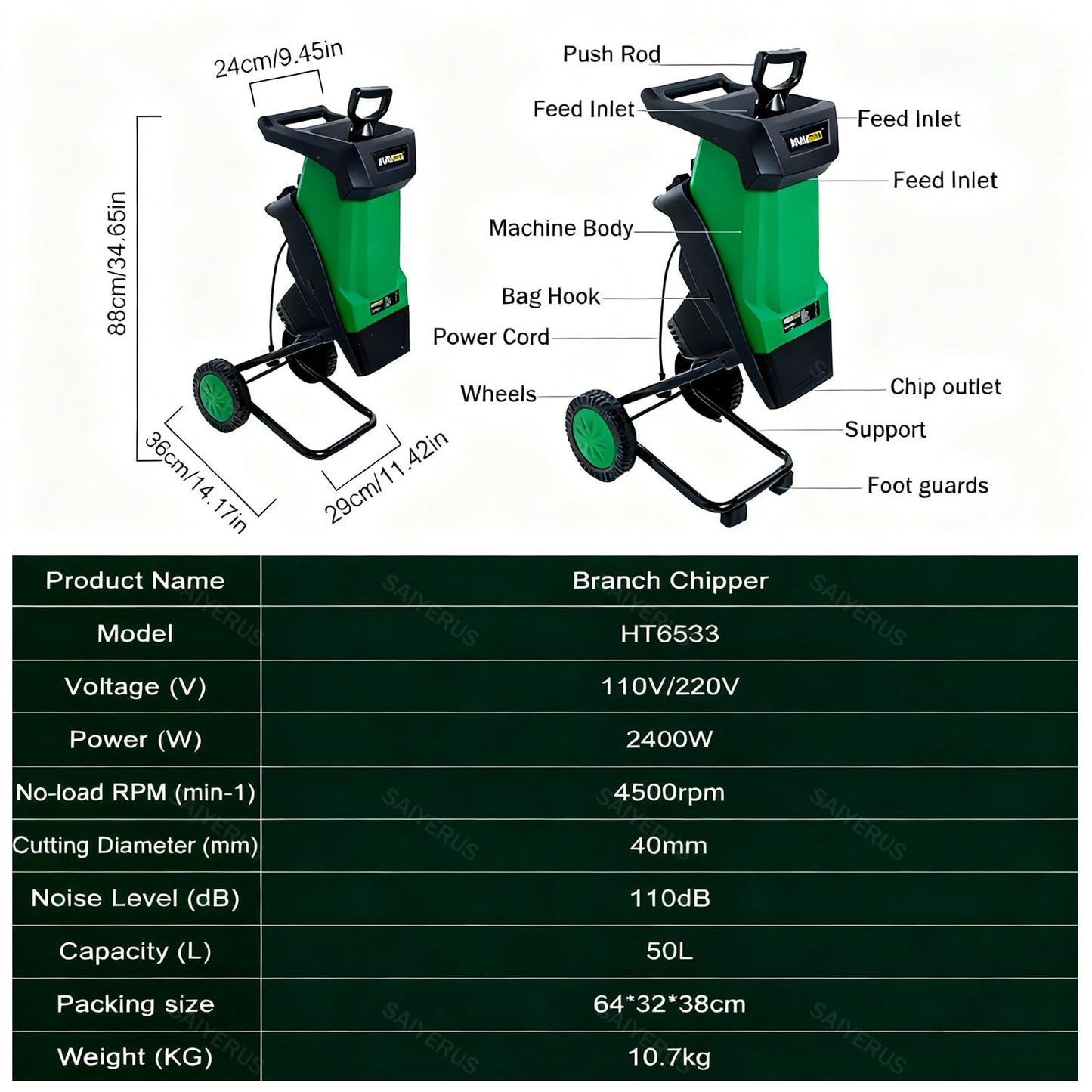 SAIYERUS 2400W Electric Wood Chipper/Shredder with Wheels Electric Garden Shredder Portable Chipping Corded Electric Yard Waste Shredding Machine with Collection Bag, 1.6" Feed Hopper, Auto Shut-Off