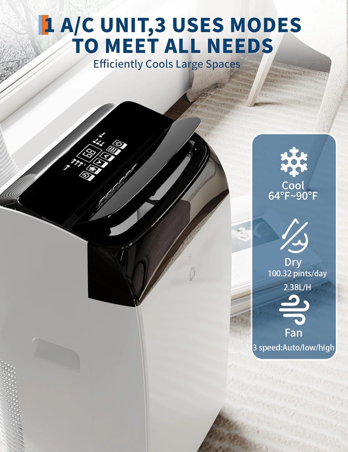 Garvee 14,000 BTU AC Unit, 3-in-1 Portable Air Conditioner with Cooling, Dehumidifier & Fan for Rooms up to 750 sq.ft, Remote Control, Sleep Mode, Timer & Window Kit