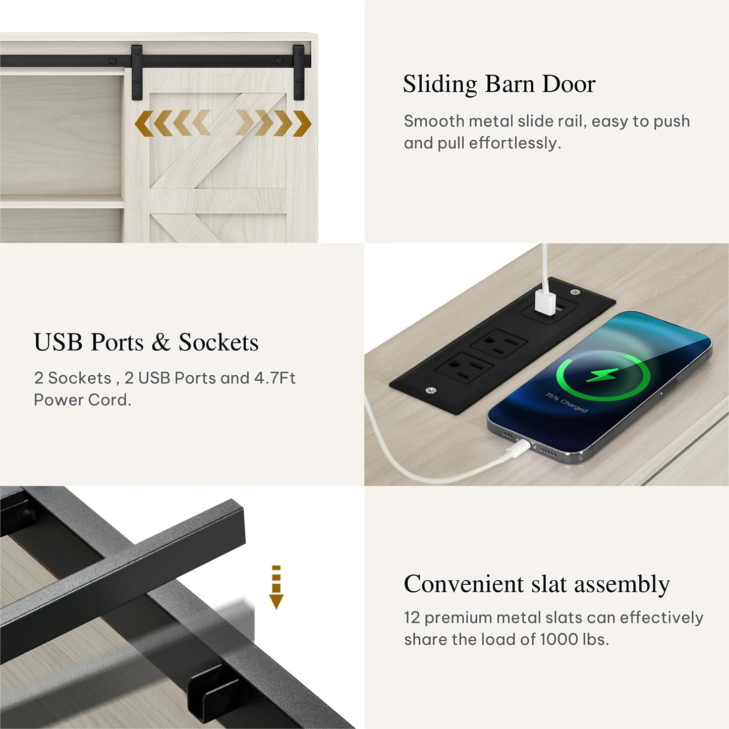 DWVO Farmhouse Queen Size Bed Frame with Storage Bookcase Headboard, Sliding Barn Door, 4 Storage Drawers, RGB LED Bed Frame with USB Charging Station, No Box Spring Needed, Antique White