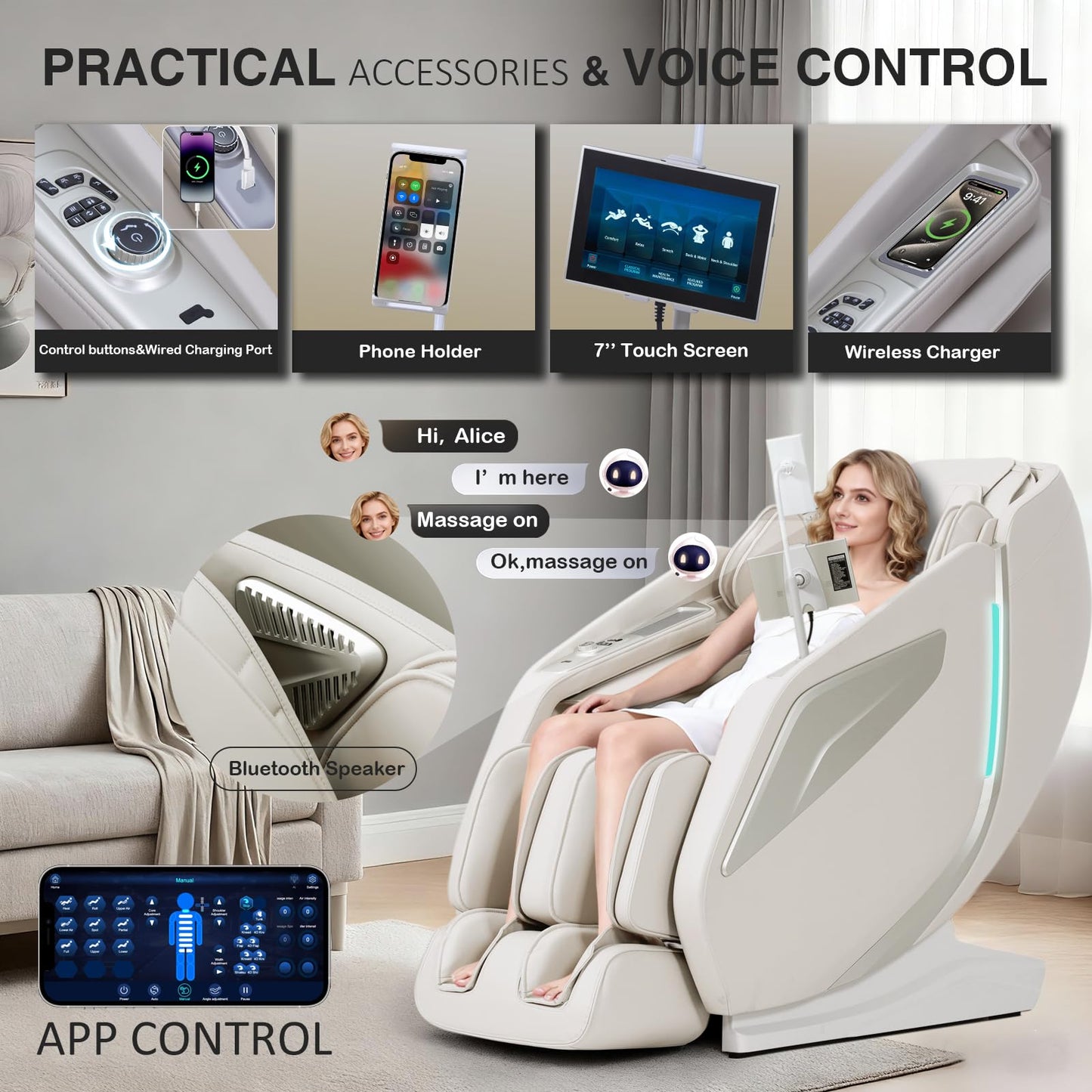 4D Massage Chair Full Body Zero Gravity Heated Recliner with Body Scan, 55" SL-Track & Stretch, 40 Airbags - Shiatsu, Knead, Foot Rollers, Voice & APP Control, 15 Auto Modes & 9 Techniques (Beige)
