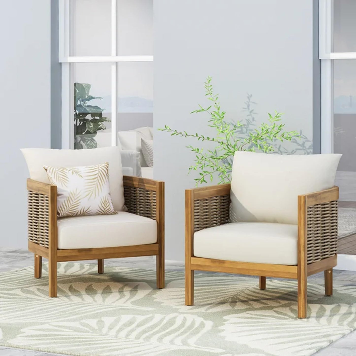 Merax Set of 2 Outdoor Acacia Wood Wicker Club Chair with Cushion,Patio Furniture Conversation Seat for Backyard