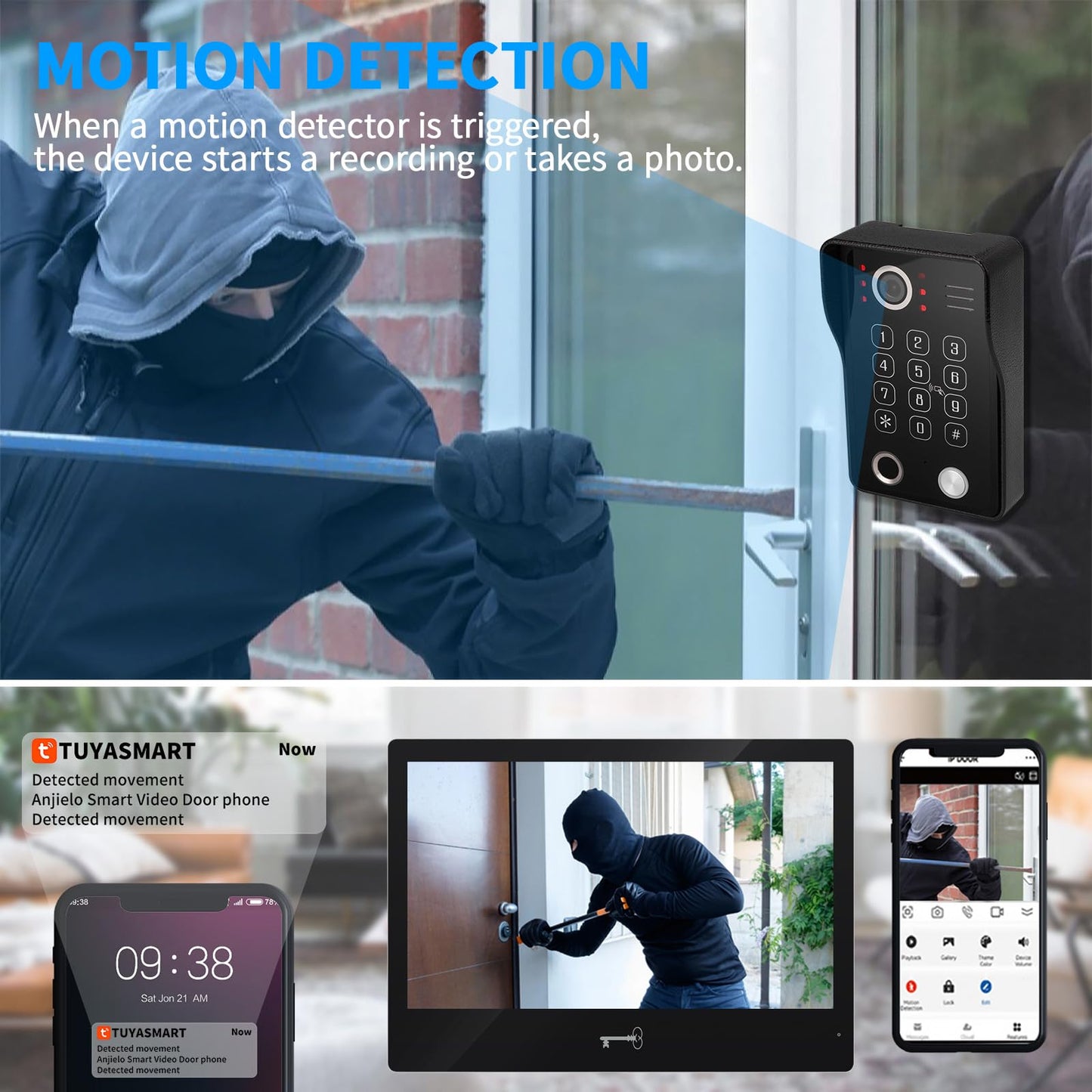 Wired Video Apartment Intercom System,Door Phone Kit,10 Inch Touch Monitor with 1080P HD Doorbell Camera,Supporting Motion Detecting 5 in 1 RFID Card Unlcking for Home Villa (1 Doorbell + 2 Monitor)