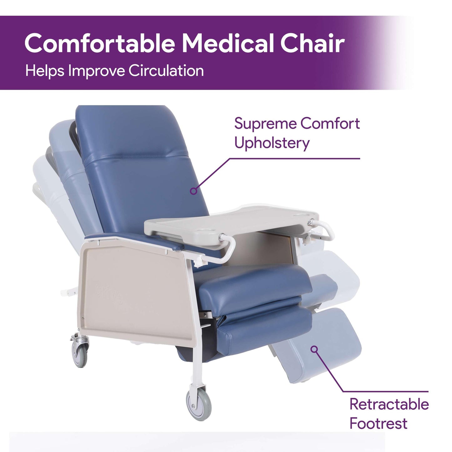 3 Position Geri Chair - Blue Medical Recliner Chairs for Elderly with Meal Tray for Home and Hospital - 250 Pound Weight Capacity - Reclining Medical Chair for TV, Relaxation, Food