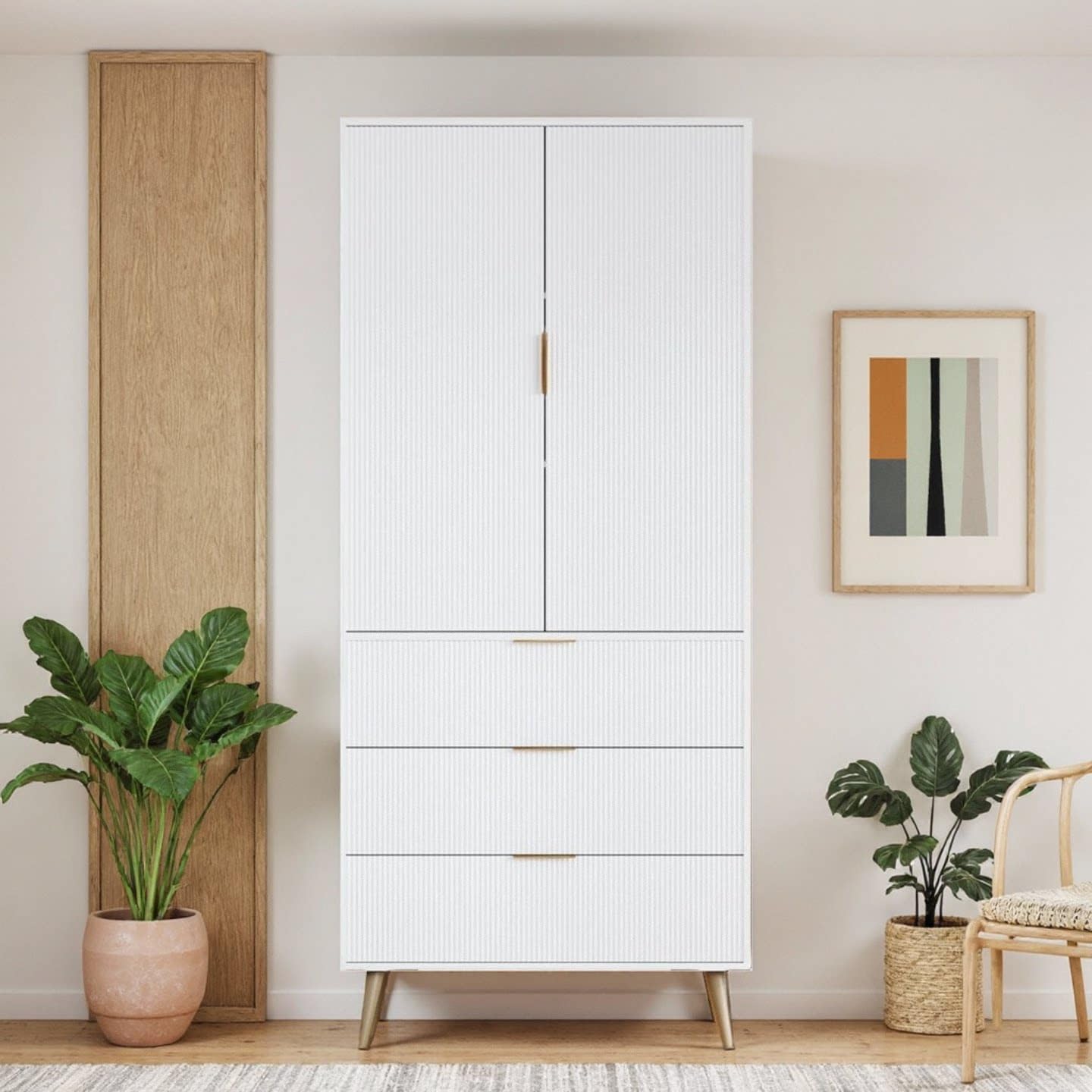 Topcomfy Tall Fluted Cabinet, Kitchen Pantry Cabinet with 2 Doors, Wood Cupboard with Adjustable Shelves, Mid Century Modern Cabinet for Living Room, Dining Room, Entryway, Office, White