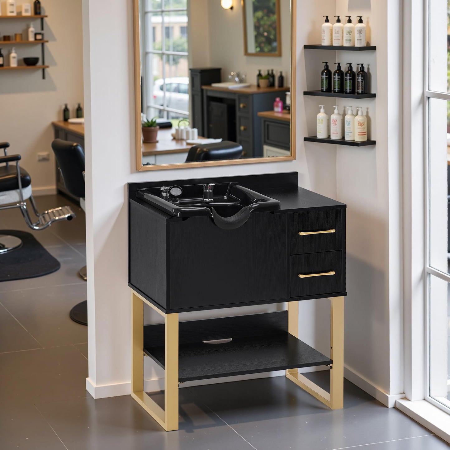 BarberPub Shampoo Cabinet with Sink, Modern Salon Backwash Station with Bowl, Neck Rest, 2 Drawers, Storage Shelf,Hot & Cold Control 7135 (Black)