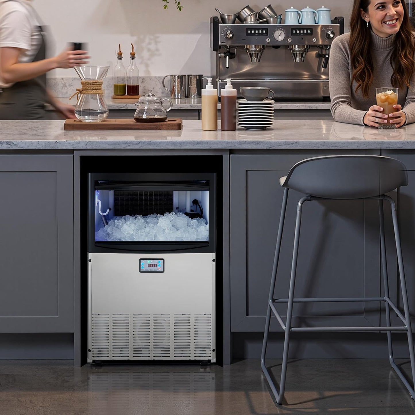 VEVOR Commercial Ice Maker Machine, 200 lbs/24h with 50 lbs Storage Capacity, Built-in/Freestanding/Under Counter, Stainless Steel Ice Maker with LED Display & Self-Cleaning, for Home Bar Restaurant