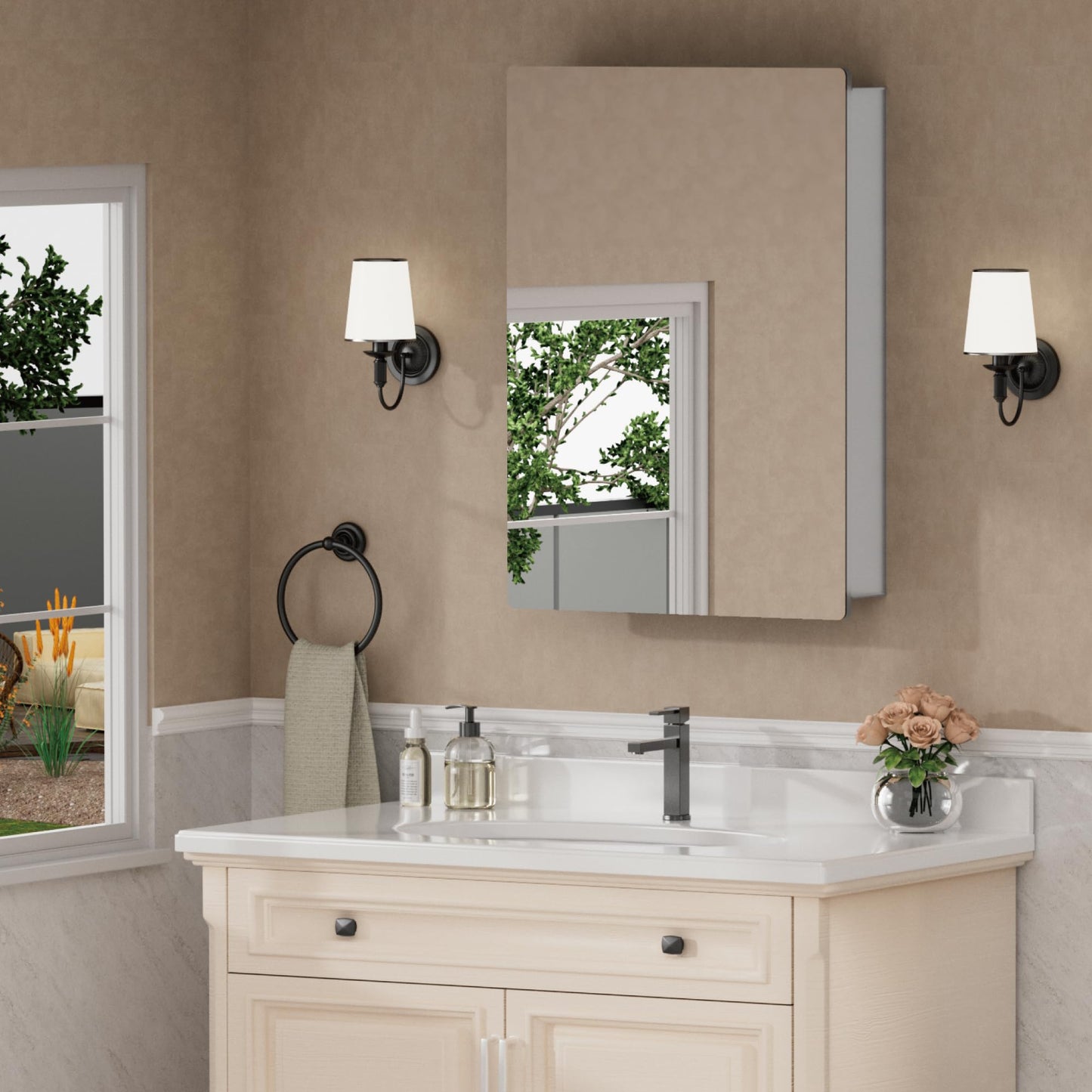 20x28 Inch Medicine Cabinet with Mirror, Recessed or Surface Mounted Bathroom Cabinets for Storage, 2 Fully Adjustable Tempered Glass Shelves, Soft-close DTC Hinges, HD Reflection Mirror Door, Silver