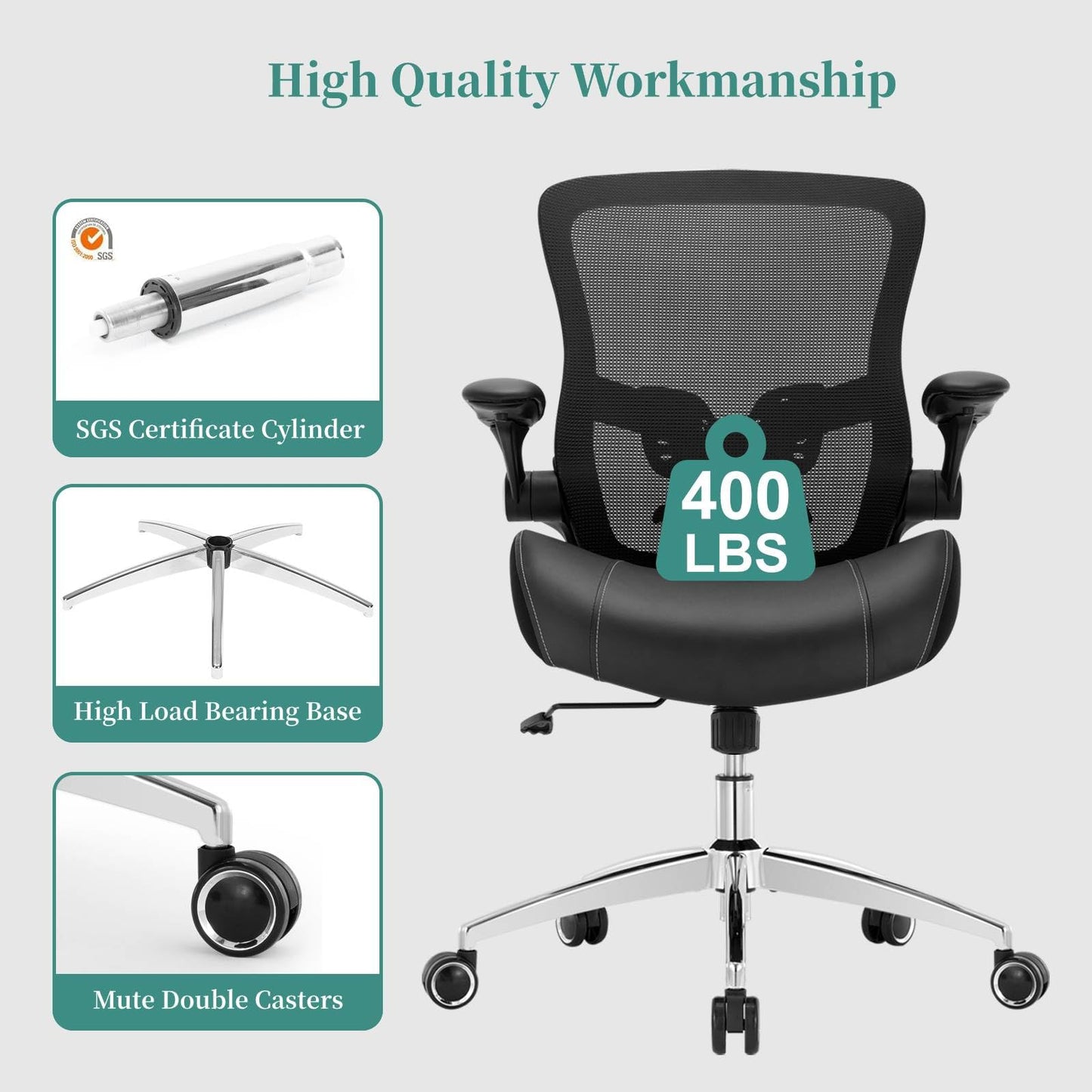 Big and Tall Office Chair 400lbs, Heavy Duty Computer Desk Chair with Wide 3D Modeling Foam Seat, Ergonomic Executive Office Chair for Heavy People with Adjustable Lumbar Support Armrests Metal Base