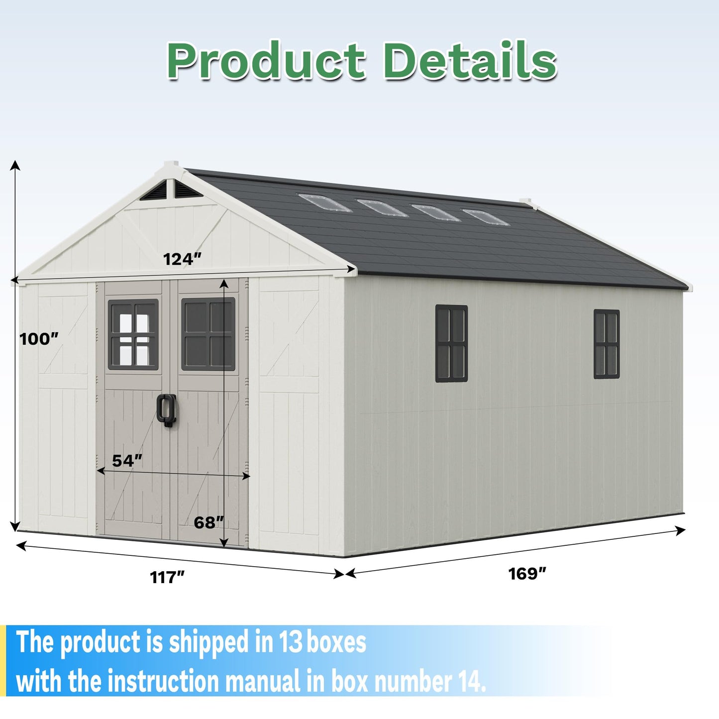 Greesum 10×14FT Plastic Outdoor Storage Shed with Floor and Lockable Door, Resin Sheds with 6-Windows and Multiple Skylights, Organization for Garden, Lawn, Backyard, Beige