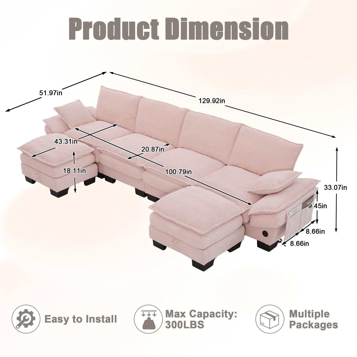130" Oversized Modular Cloud Sectional Sofa Convertible U/L Shaped Couch Sets for Living Room - 6 Seater Corduroy Cloud Cushion Couches with Storage Ottomans and Pillow Armrest