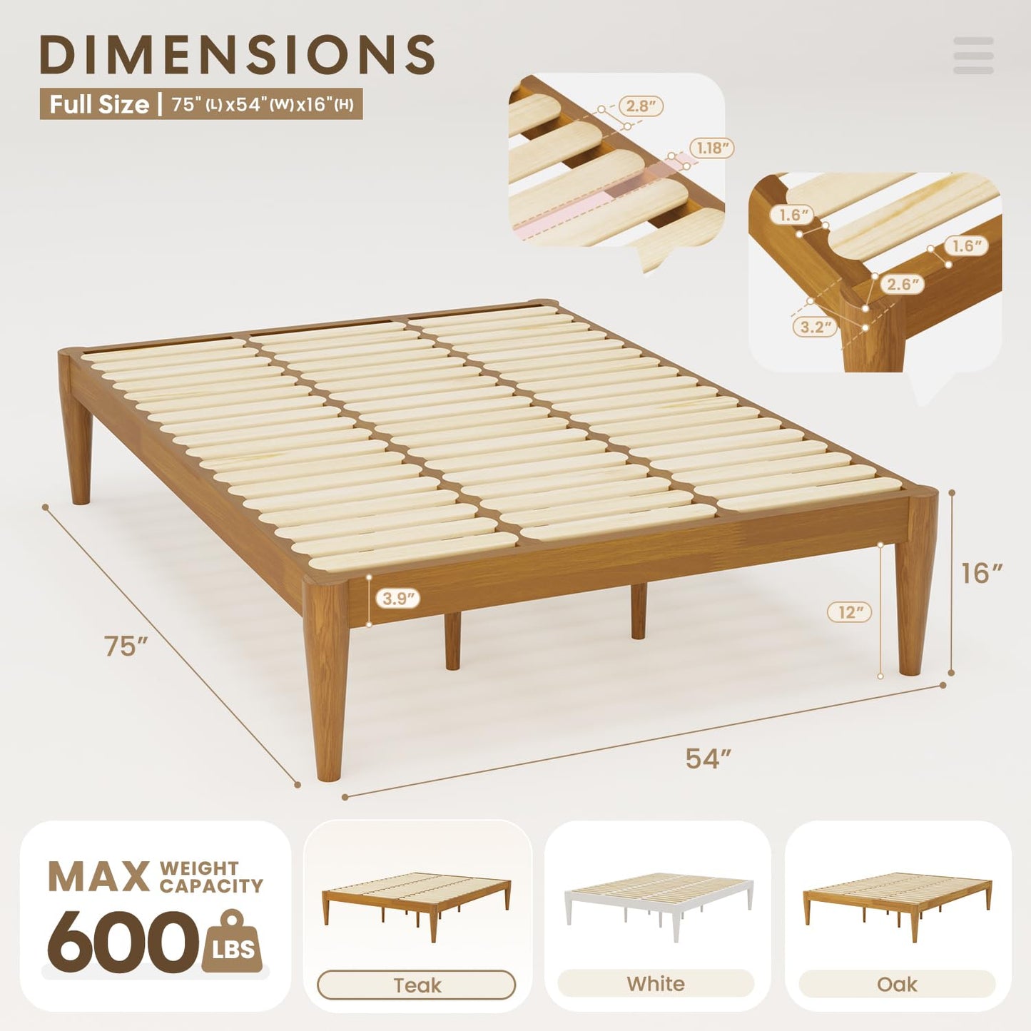 IOTXY Full Platform Bed Frame - Solid Wood 16-Inch Height Mattress Foundation Base with Densely Slats and Heavy-Duty Support Legs, No Box Spring Needed, Teak
