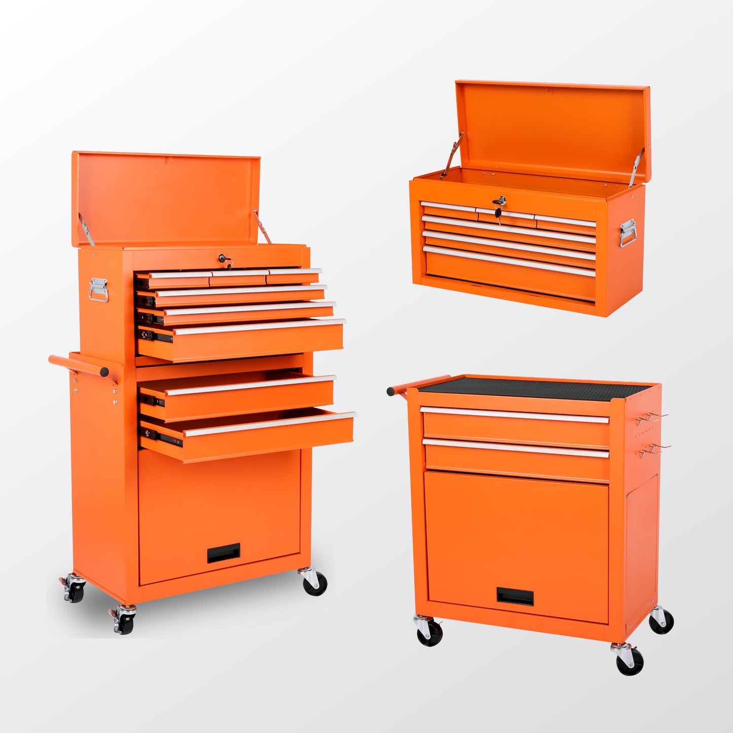 KEIKI 8-Drawer Rolling Tool Chest, Lockable 2 in 1 Detachable Top Tool Box with Drawers, Lockable Wheels, Side Hooks for Garage, Warehouse, Tool Room (Orange)