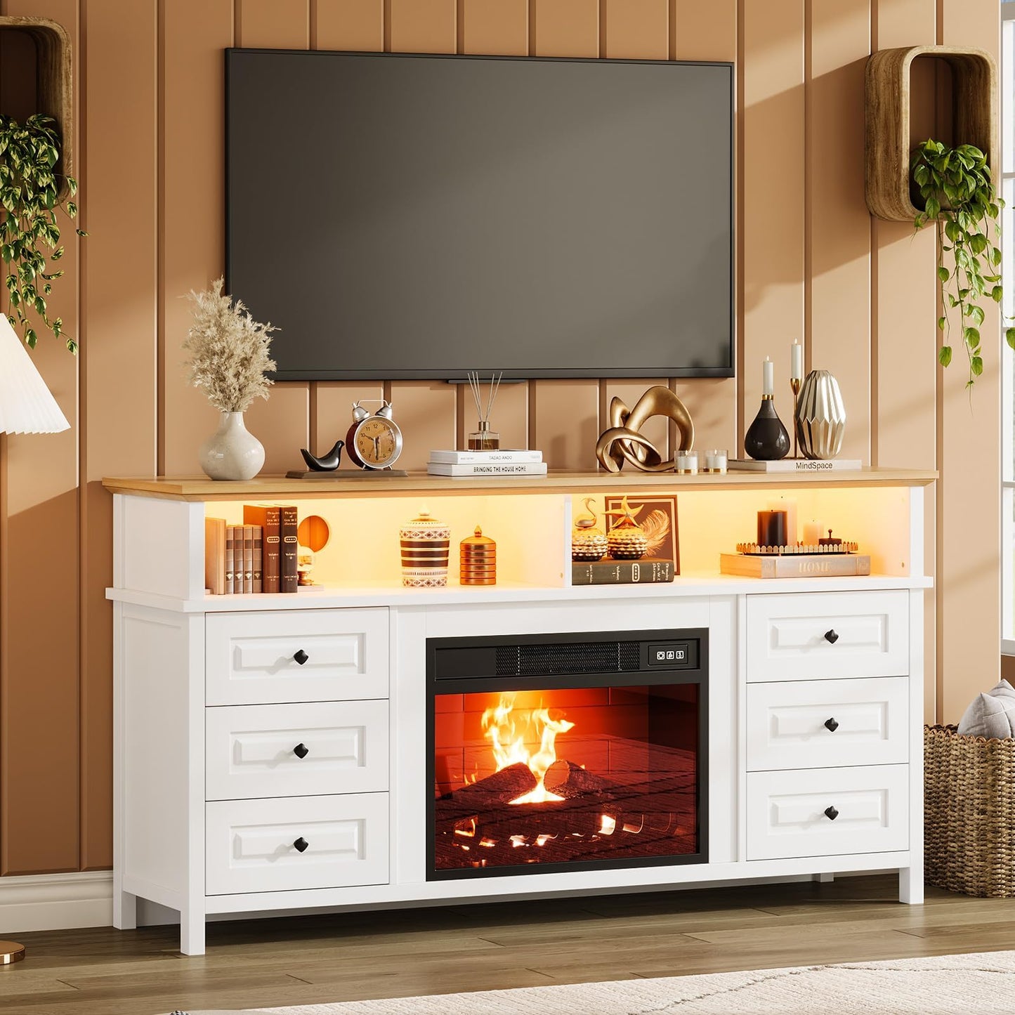 JoanKaren TV Stand with Electric Fireplace, 60" Entertainment Center for 65 Inch TV, LED Light Smart RGB, Modern Farmhouse Console, 6 Drawers Storage，Fit Into 23''Electric Fireplaces(White)