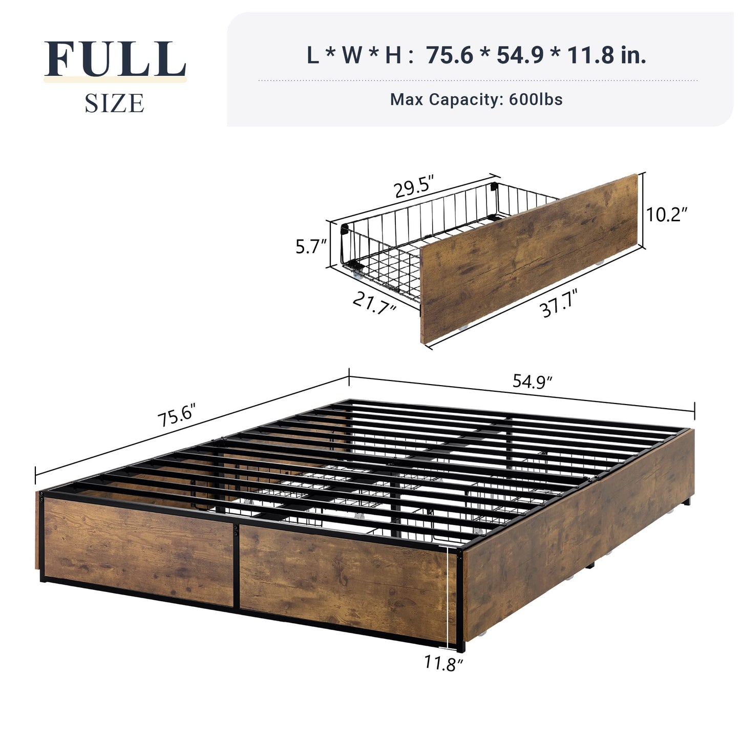 Allewie Industrial Storage Bed with Drawers, Wooden Metal Platform, Sturdy & Noise-Free, Modern Full Size for Bedroom & Apartment