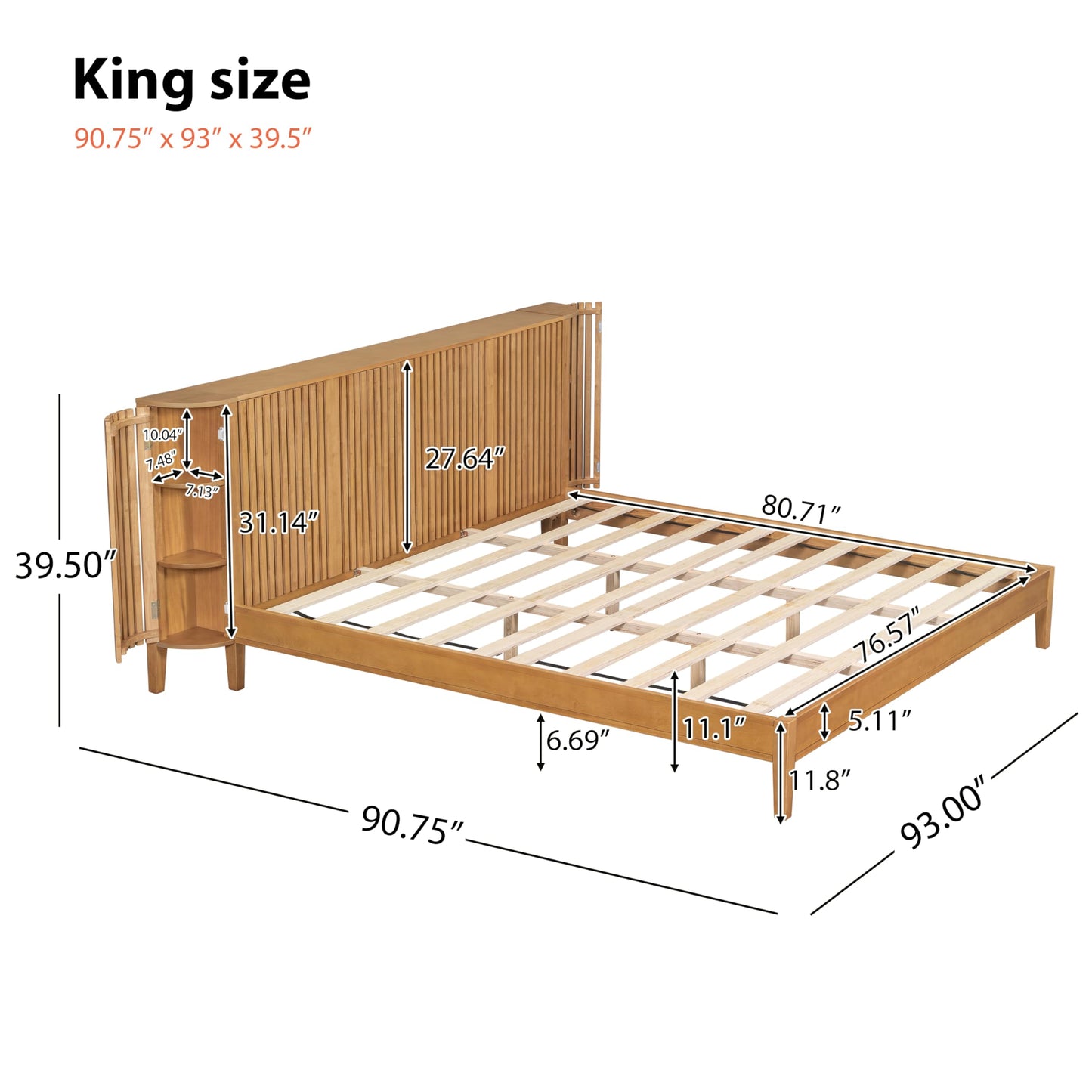 Merax Farmhouse King Size Bed Frame Slat Headboard Design with Concealed Side 3 Layers Storage Shelves, Natural Wood Platform Bed with Slats & Middle Legs, No Box Spring Needed, Bear 800 LBS