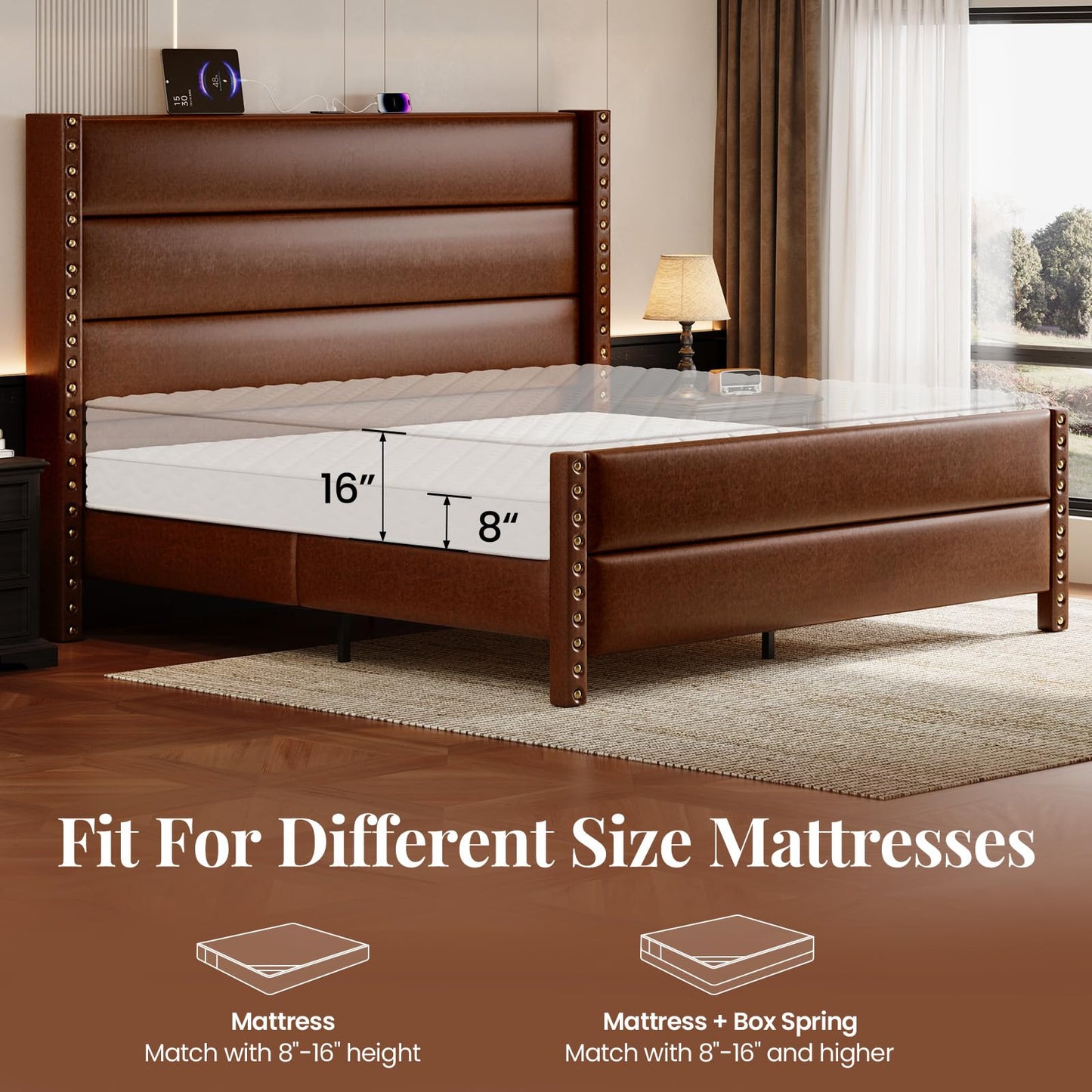 Uteeran King Size Bed Frame with Storage Shelf & Charging Station, 55" Tall Headboard & 25.6" Footboard, Faux Leather Upholstered Platform Bed with Big Rivets Wingback, Heavy Duty & Noise-Free, Brown