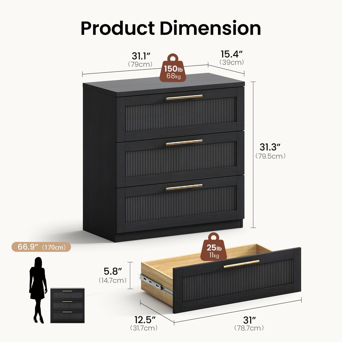ModernMate 3 Drawer Dresser for Bedroom, Black Wood Grain Wide Nightstand and Chest of Drawers with Wave-Panel Front, 31" Tall Modular Storage Cabinet for Living Room