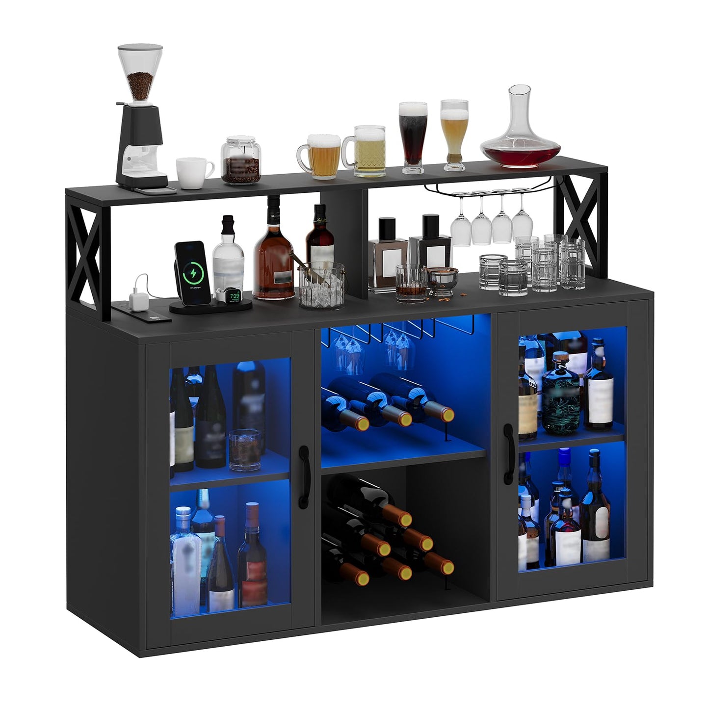 MegaChoice Wine Bar Liquor Cabinet with LED Lights, Wine Glass Holder & Rack, Kitchen Coffee Bar Cabinet, Sideboard Cabinet Bars with Storage for Home, Living Room, Dining Room Black