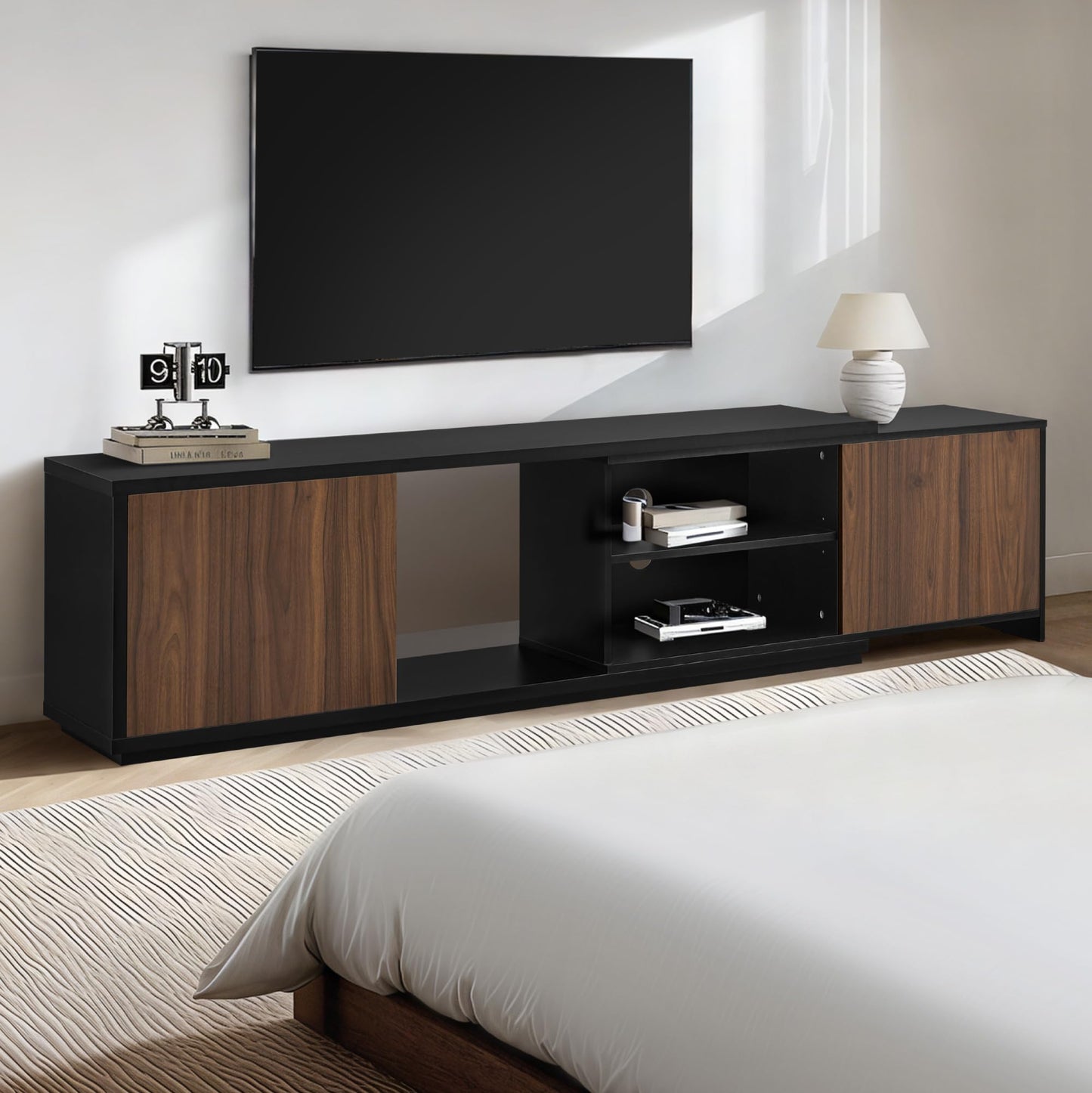 KISLOT Extendable TV Stand for TVs up to 90",Modern Entertainment Center with Adjustable Shelf,Television Stand with 2 Storage Cabinets,Wooden TV Media Console for Living Room Bedroom Black