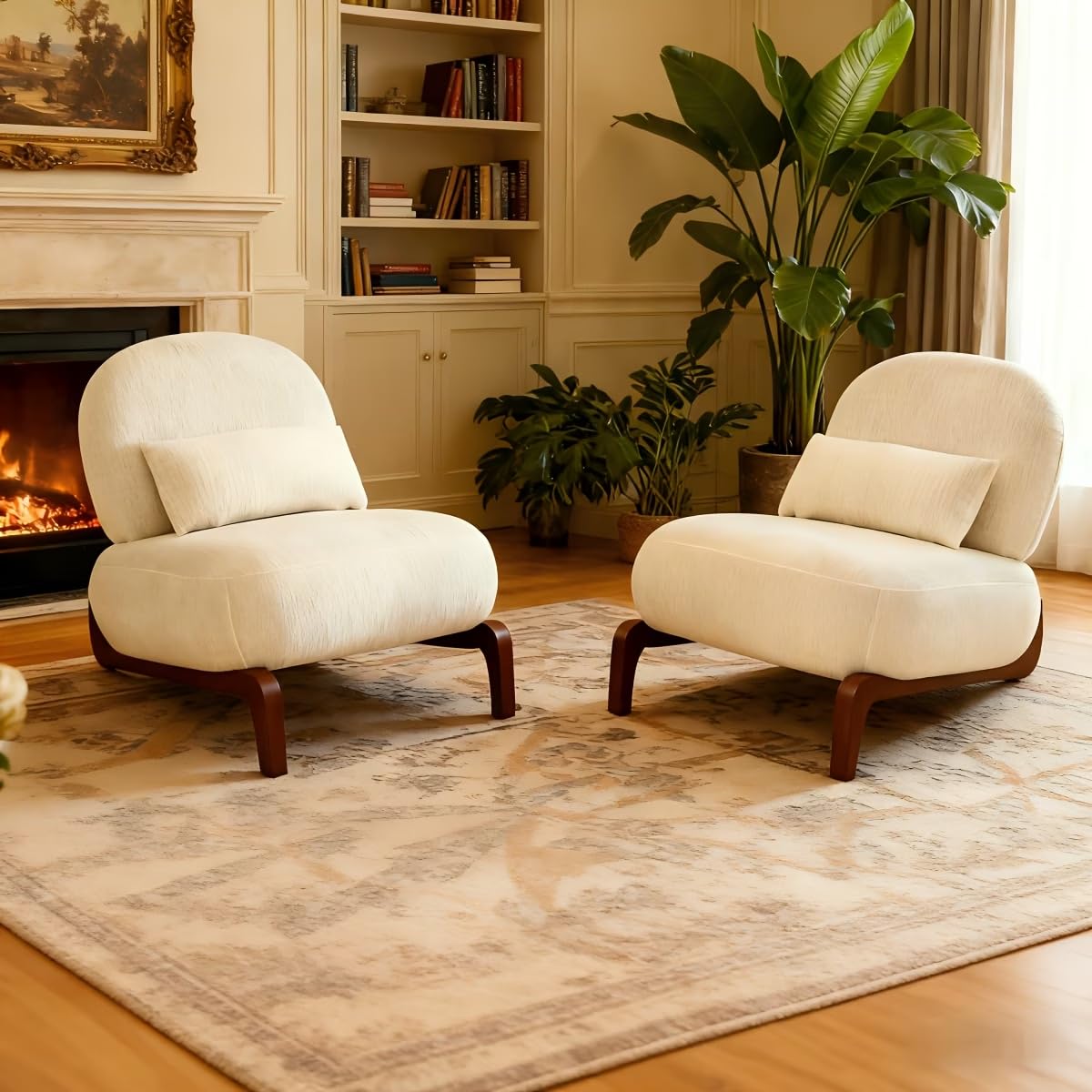 KEIKI Cute Accent Chair Set of 2, Living Room Single Seat Sofa with Solid Wood Legs, Velvet Comfy Armless Reading Chair for Bedroom, Apartment, Waiting Room, Balcony, White