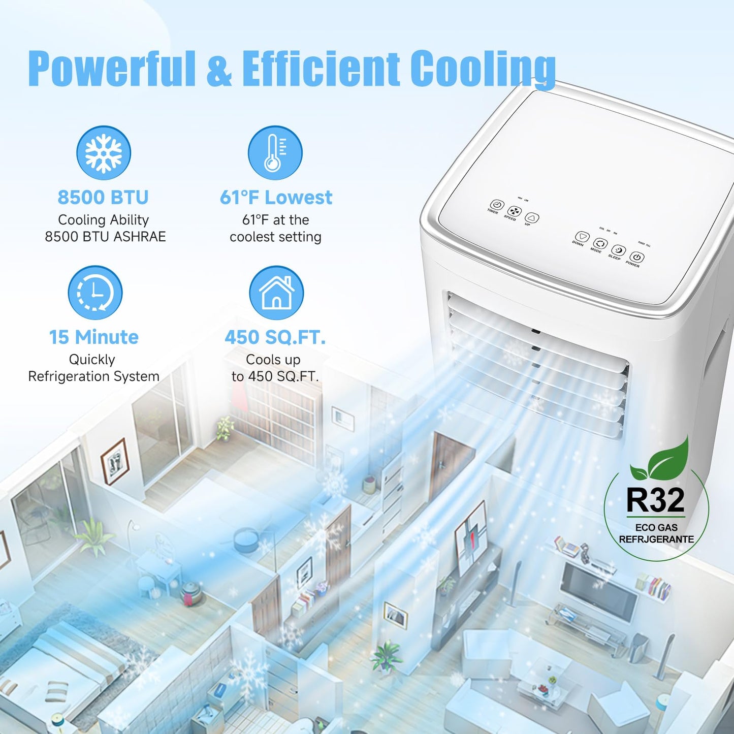 Portable Air Conditioners, 3-in-1 8500 BTU Cooling Unit with Fan & Dehumidifier for Room, Quiet Operation, Cools up to 450 sq.ft, Complete Window Installation Kit for Home Office