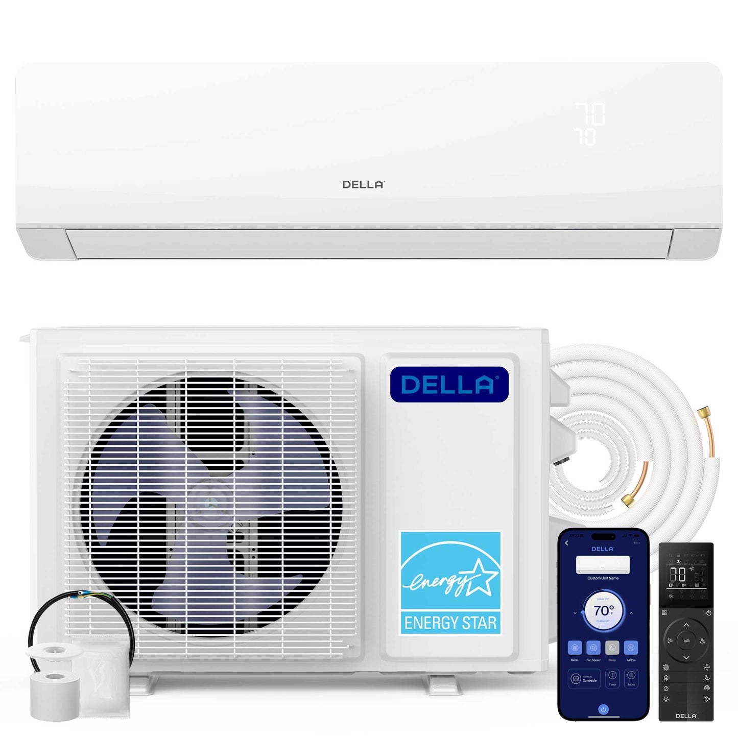 DELLA Serena Series 9800 BTU Mini Split AC, Energy Star 22 SEER2 115V, 0.82 Ton Inverter Heat Pump Ductless AC System for Rooms up to 400 Sq.Ft, WiFi & Alexa Control, Pre-Charged, 16.4ft Install Kit