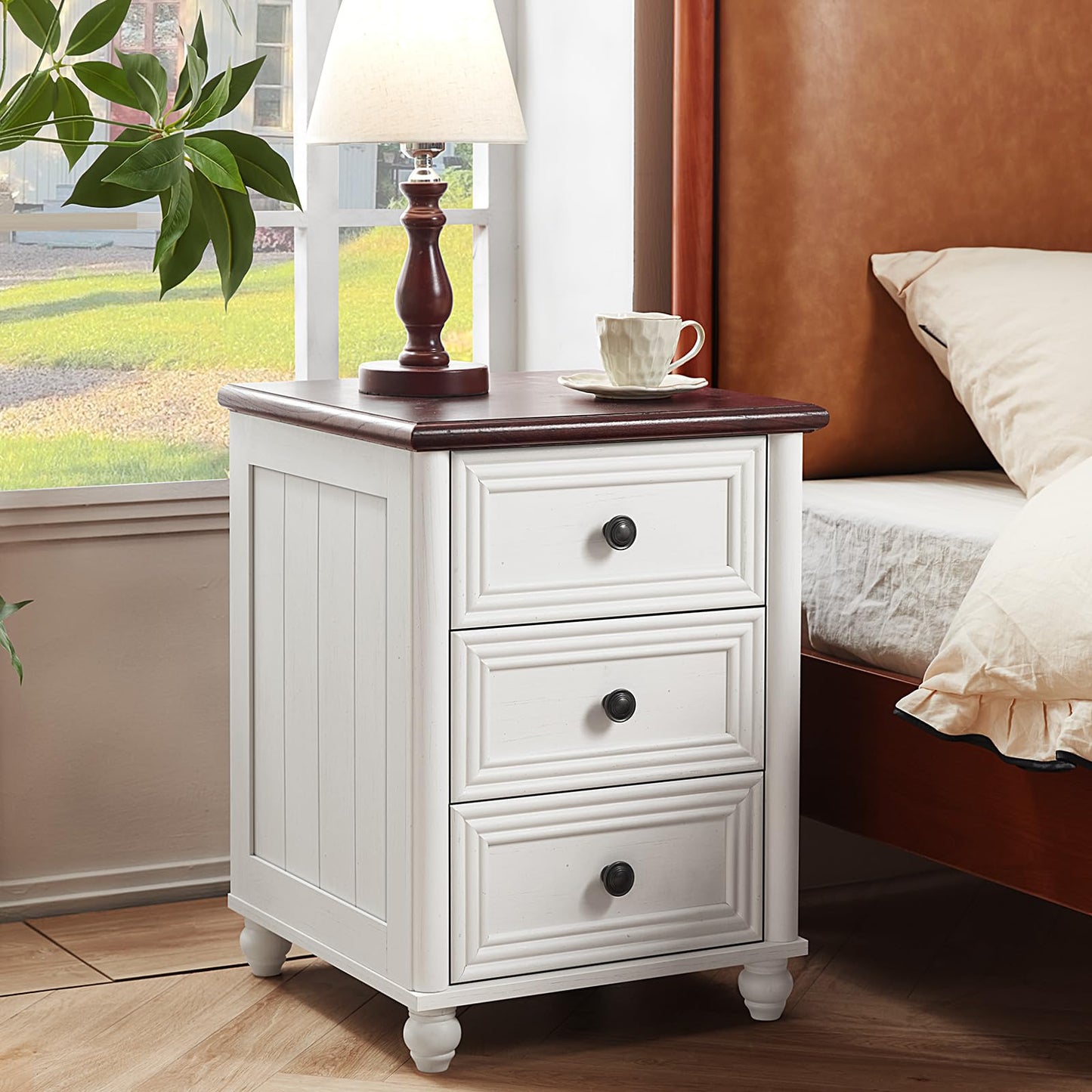 RWYHG 18" Farmhouse Night Stand Set of 2, White Wood Nightstand with 3 Drawers, Bedside End Table with Storage and Roman Column, Bed Side Tables Cabinet for Bedroom, Living Room, and Closet