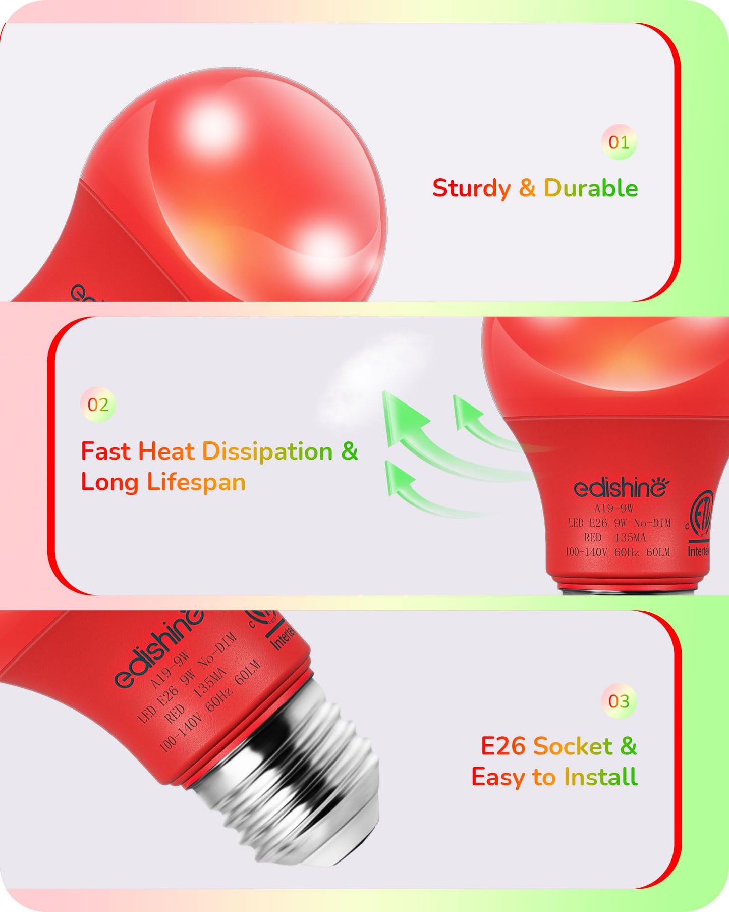 EDISHINE A19 LED Light Bulbs, 60W Equivalent, E26 Medium Base, Red & Green, Non-Dimmable, 9W, 4 Pack, ETL Listed