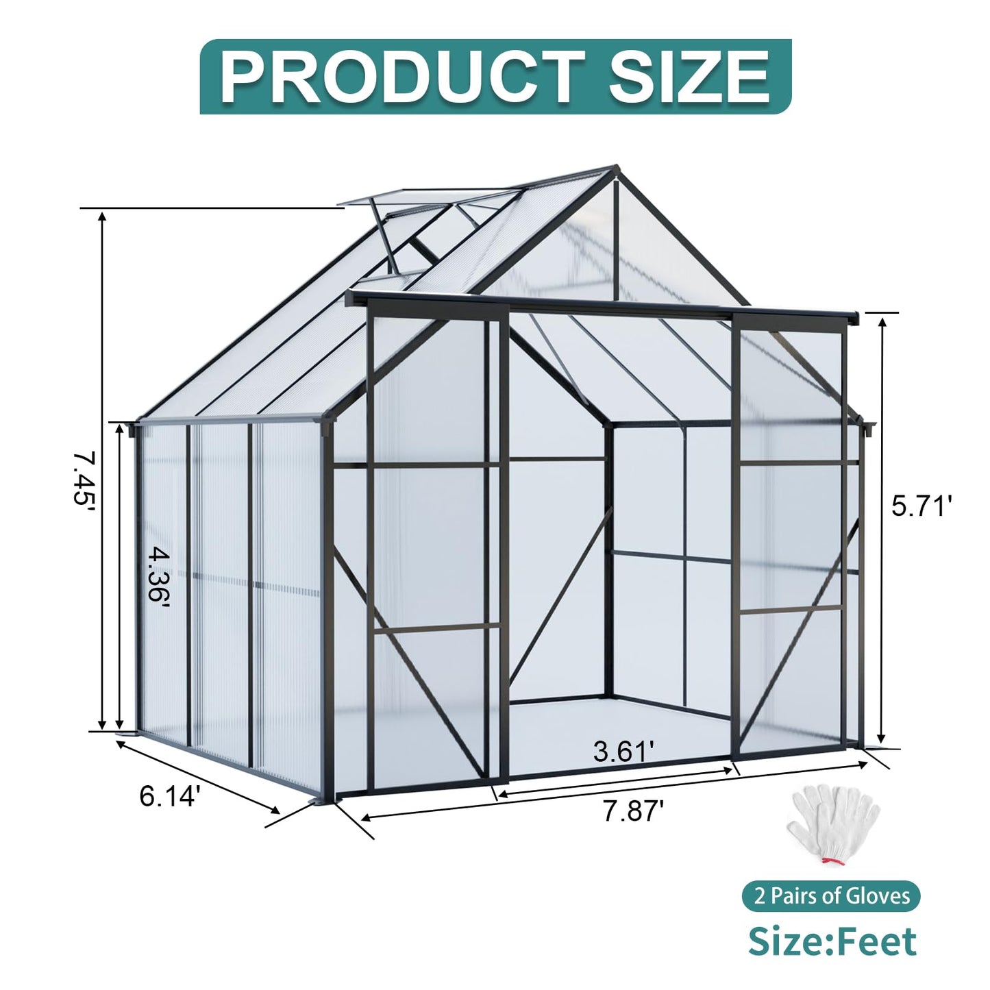KEIKI 8x6 FT Double Door Upgrade Polycarbonate Greenhouse with Aluminum Frame,Raised Base and Roof Vent,Walk-in Greenhouses for Patio Garden