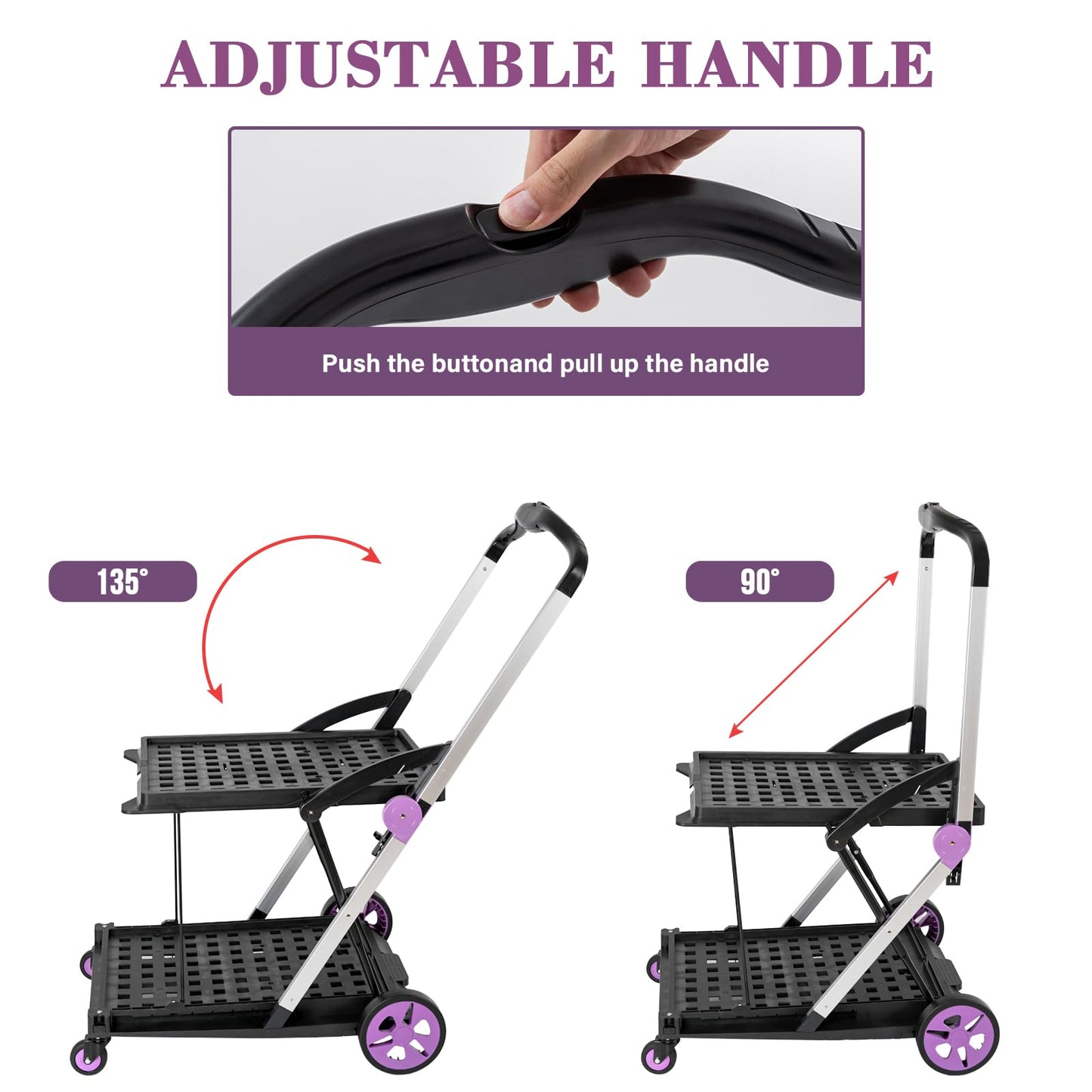 Collapsible Shopping Cart on Wheels, Folding Shopping Cart with 360° Swivel Wheels, Multi Use Utility Cart Adjustable Portable Trolley with 2 Storage Crate, Used for Picnic, Supermarket, Purple