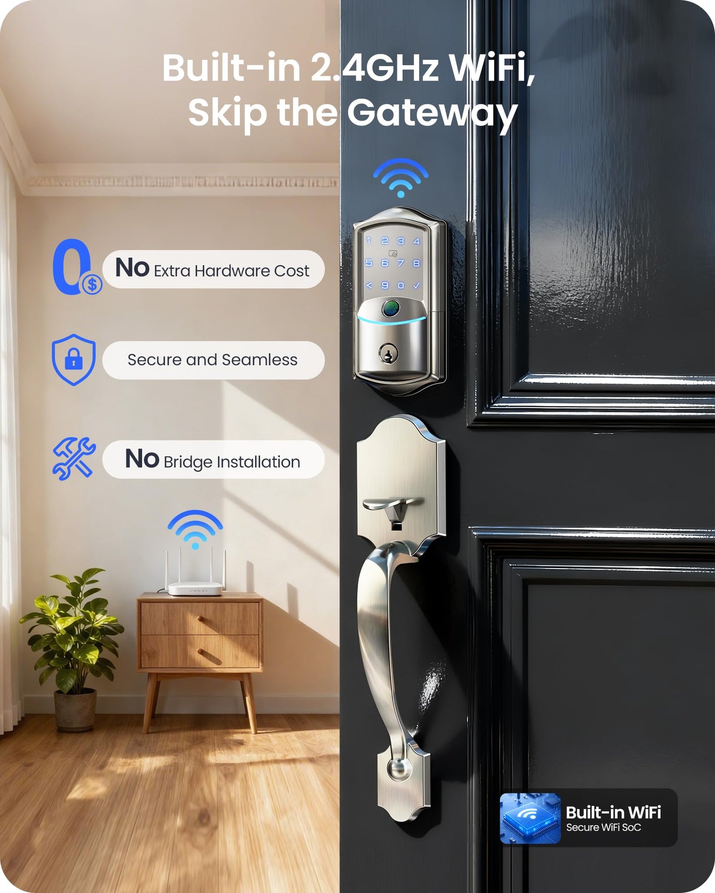 Veise VE027-H Built-in Wi-Fi Fingerprint Smart Deadbolt Lock with Handleset, App Remote & Voice Control, Keyless Entry Front Door Lock Set, Touchscreen Keypad, Auto-Lock, Easy Setup, Satin Nickel