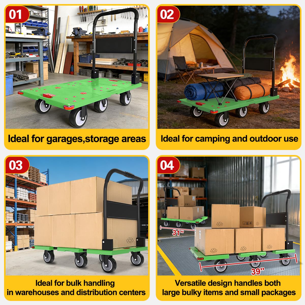 WUD 1323 lbs Heavy Duty Folding Platform Cart with Extendable Deck (31''–39''), 6-Wheel Support, 4'' Quiet Casters, Thick Reinforced Flatbed Dolly for Warehouse, Garage & Moving