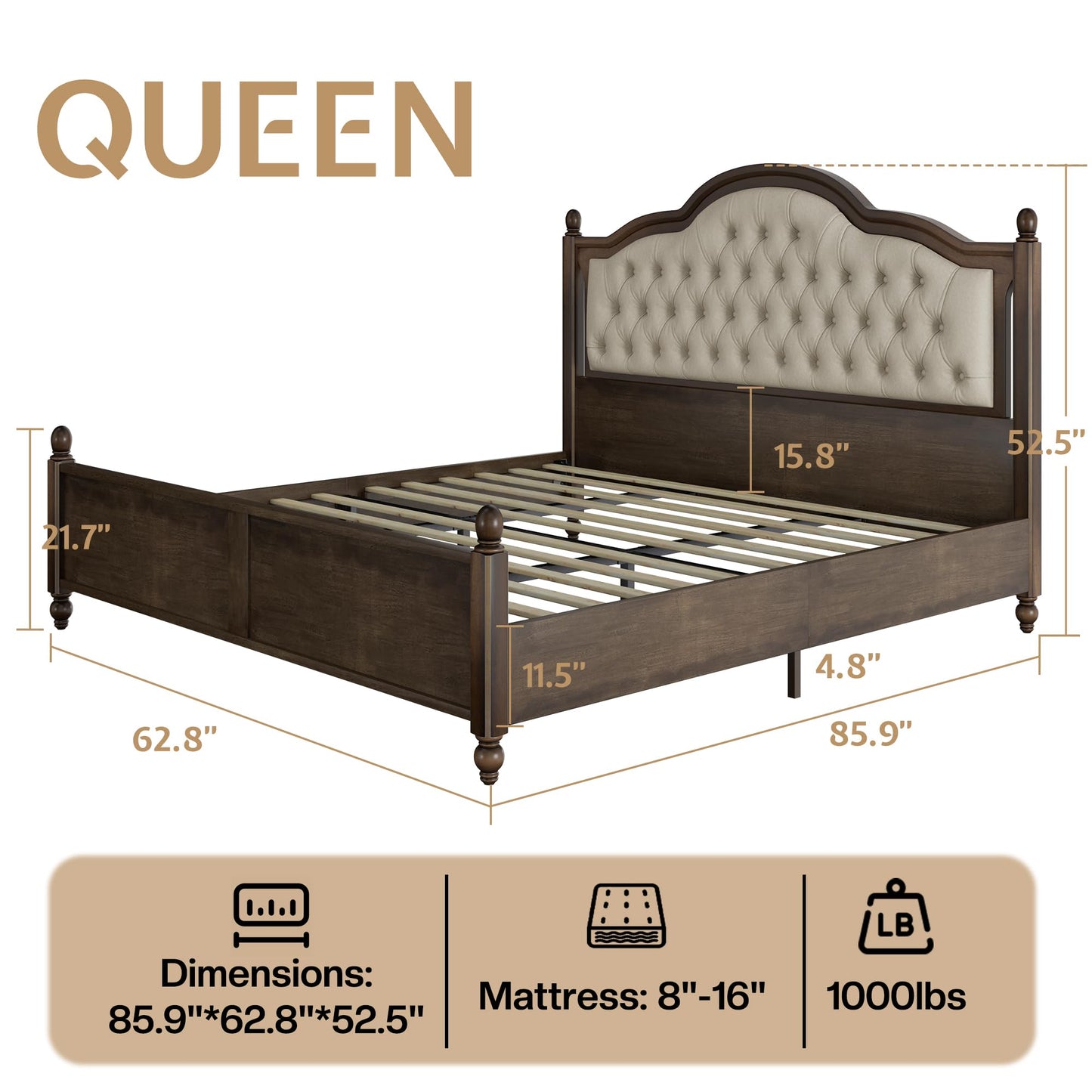 YUMPIE Queen Size Solid Wood Bed Frame, Transitional Platform Bed with 52.5" Tufted Upholstered Headboard, Rubberwood Construction, Roman Column Accents, No Box Spring Needed
